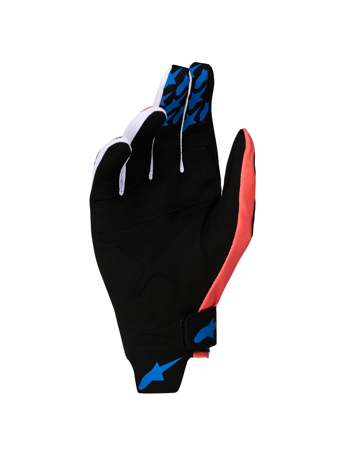 Alpinestars Techstar handschoenen 2027, motocross motorhandschoenen, zwart en roze met blauwe siliconengrip en suède handpalm