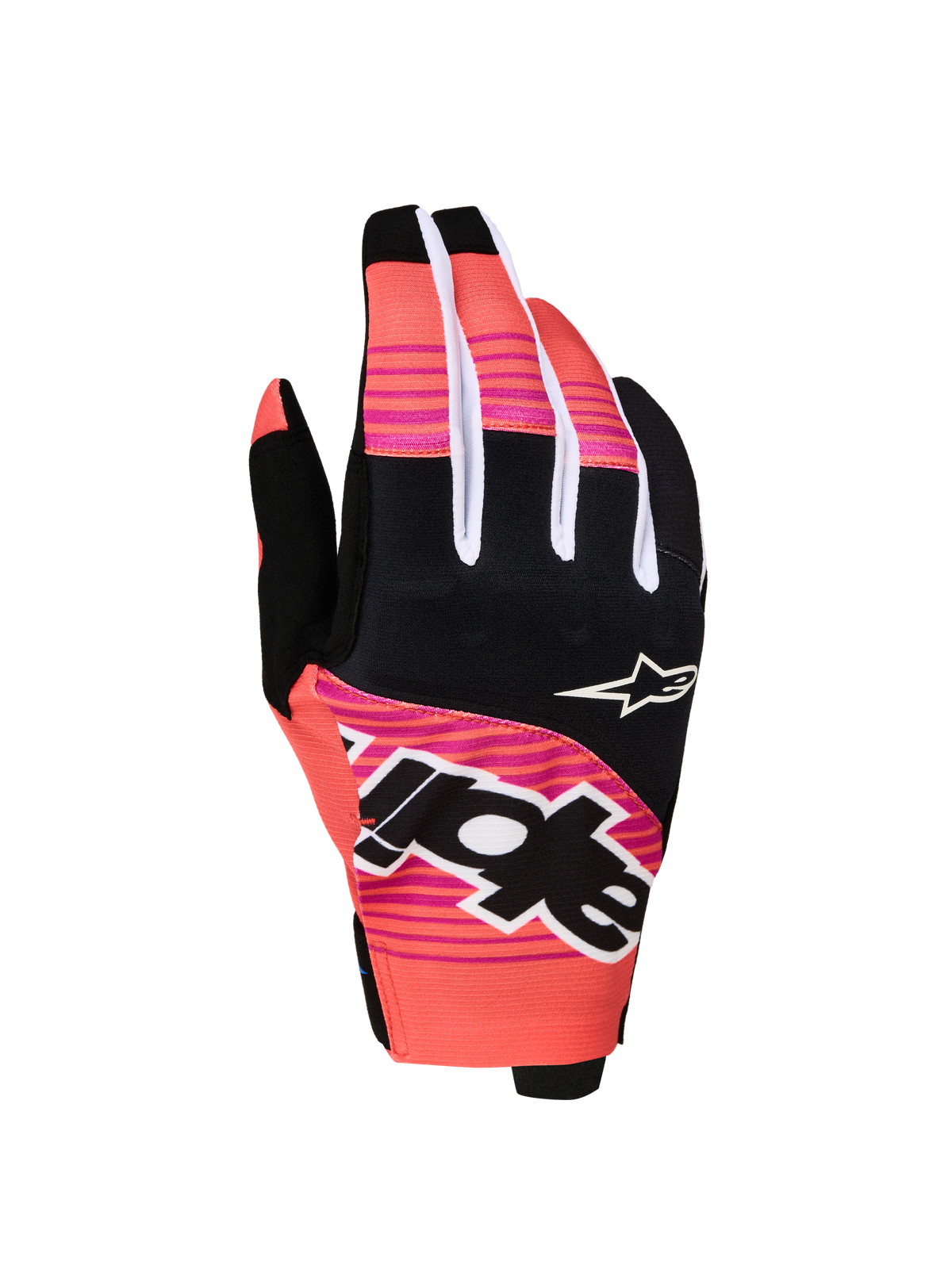 Alpinestars Techstar handschoenen 2027, motorcrosshandschoenen, roze en zwart, gesublimeerde graphics en neopreen knokkels.