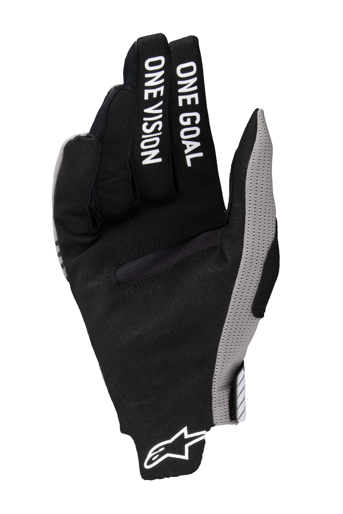 Alpinestars 2025 Radar Pro handschoenen, motorcross handschoenen, zwart met grijze accenten, zicht op de handpalm met 'ONE GOAL ONE VISION' op de vingers gedrukt, synthetisch suède materiaal, minimalistisch ontwerp voor off-road prestaties