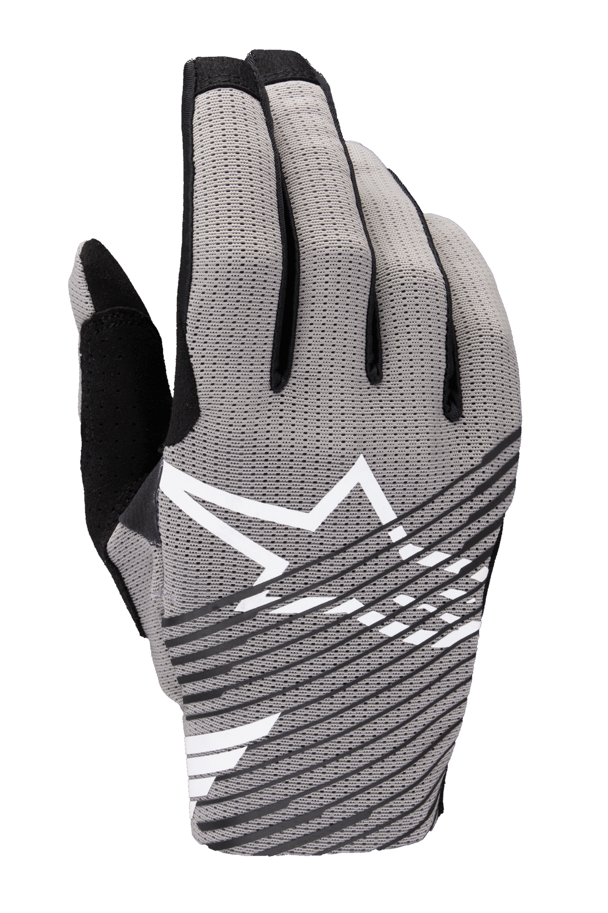 Alpinestars 2025 Radar Pro handschoenen, motorcross handschoenen, grijs met zwarte en witte accenten, voorzien van een ademende 4-way stretch mesh handrug, wit sterlogo, zwart diagonaal gestreept ontwerp, minimalistische performance racing-stijl