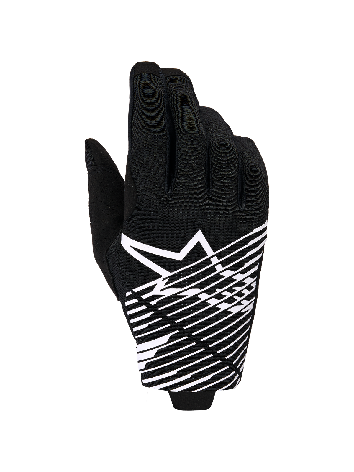 Alpinestars 2026 Radar Pro handschoenen, motorcross handschoenen, zwart en wit, voorzien van een wit sterlogo en diagonale lijngrafiek op de rugzijde, ademend mesh-materiaal met geperforeerde details, sportieve off-road styling