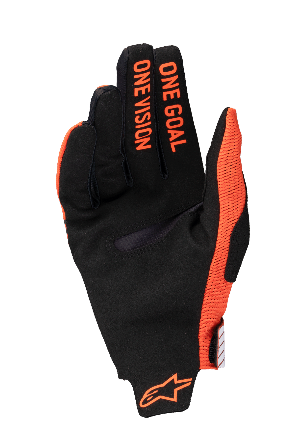 Alpinestars 2025 Radar Pro handschoenen, motorcross handschoenen, feloranje en zwart, zicht op de handpalm met 'ONE GOAL ONE VISION' tekst op de vingers en oranje logo bij de pols, synthetisch suède en ademende mesh constructie voor off-road prestaties