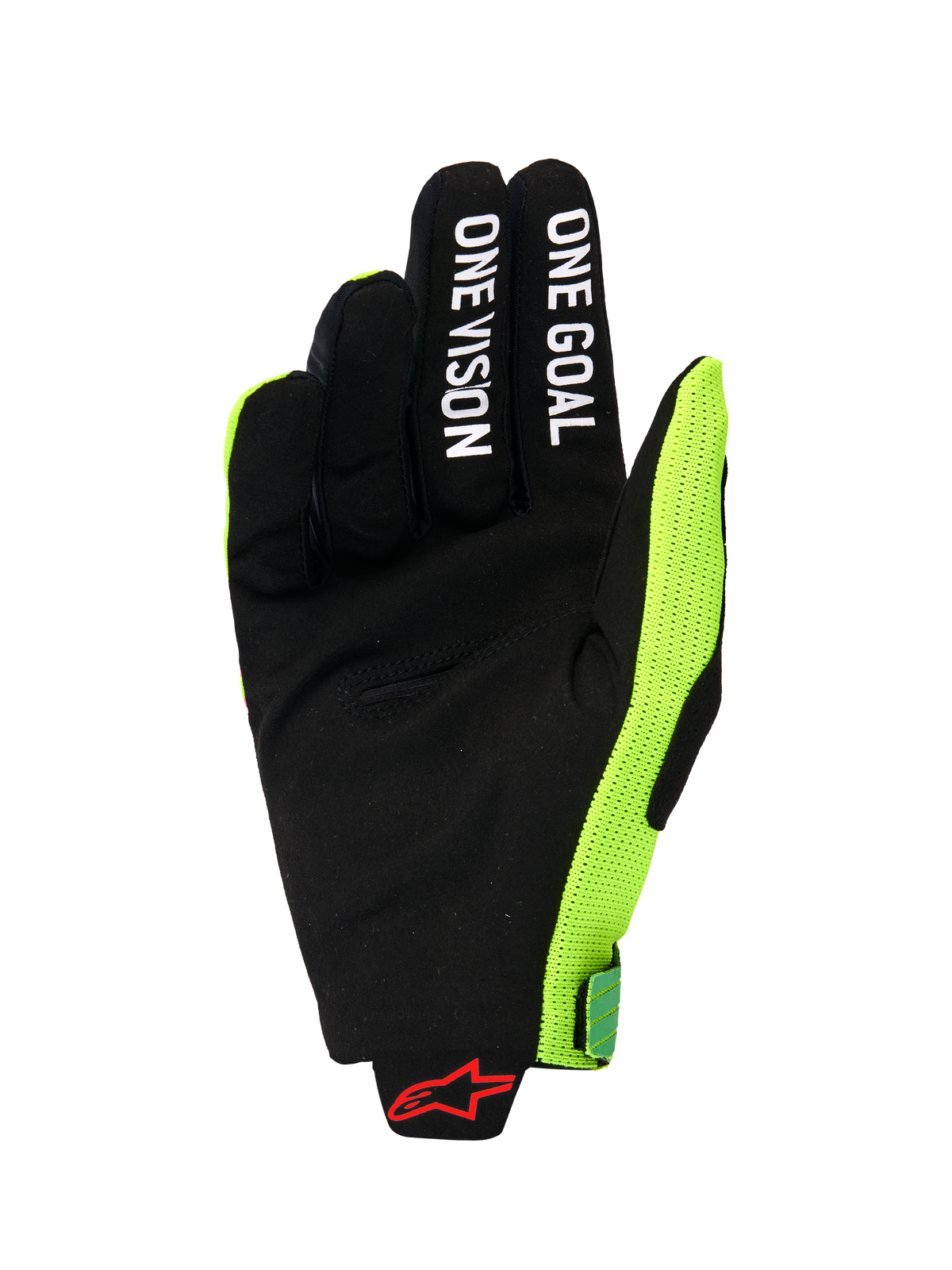 Alpinestars 2026 Radar Pro-handschoenen, zicht op de handpalm van een motorcrosshandschoen, zwart synthetisch suède met witte 'ONE GOAL' en 'ONE VISION' tekst op de vingers, felgeel fluo mesh zijpaneel, rood Alpinestars-logo op de pols, minimalistische performance-uitrusting voor off-road rijden