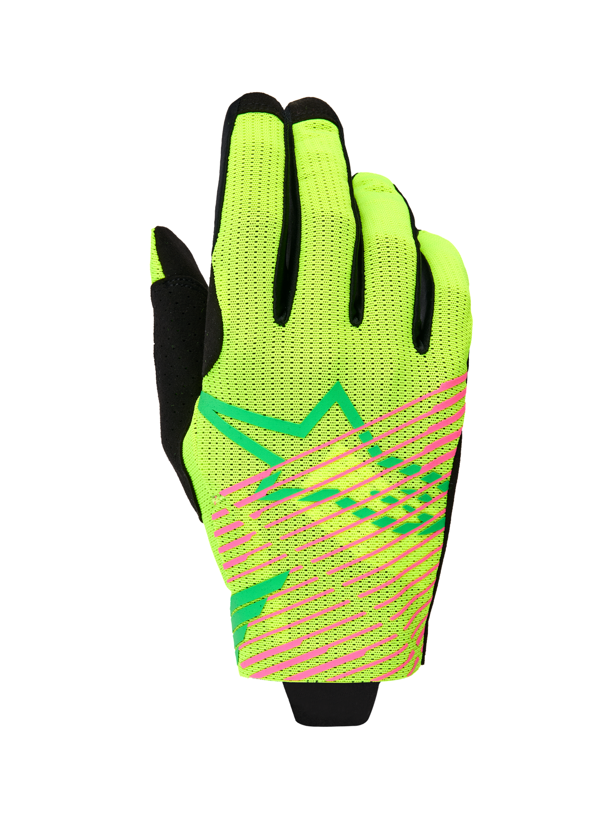 Alpinestars 2026 Radar Pro handschoenen, motocross handschoenen, neongeel en roze fluo, enkellaags mesh-constructie met opvallende roze diagonale strepen en groen geometrisch sterlogo, lichtgewicht off-road race-uitrusting