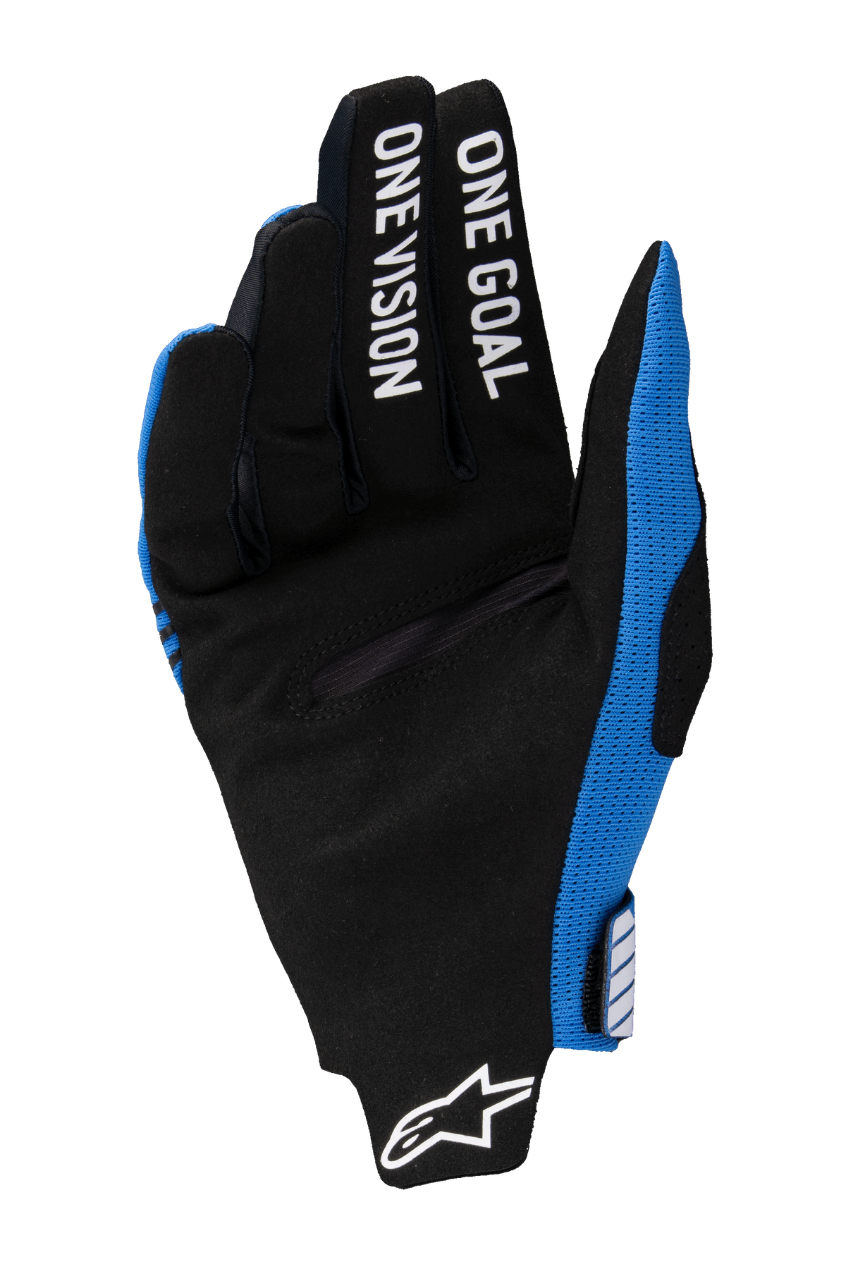 Alpinestars 2025 Radar Pro handschoenen, motorcross handschoenen, blauw en zwart, handpalmaanzicht met zwart synthetisch suède, witte 'ONE GOAL ONE VISION' tekst op de vingers, wit Alpinestars logo bij de pols, lichtgewicht off-road raceontwerp