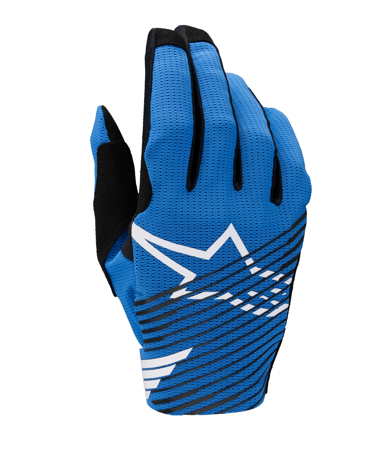 Alpinestars 2025 Radar Pro handschoenen, motorcross handschoenen, blauw met wit Astar-logo en diagonale zwarte strepen, lichtgewicht ademend mesh-ontwerp voor off-road prestaties