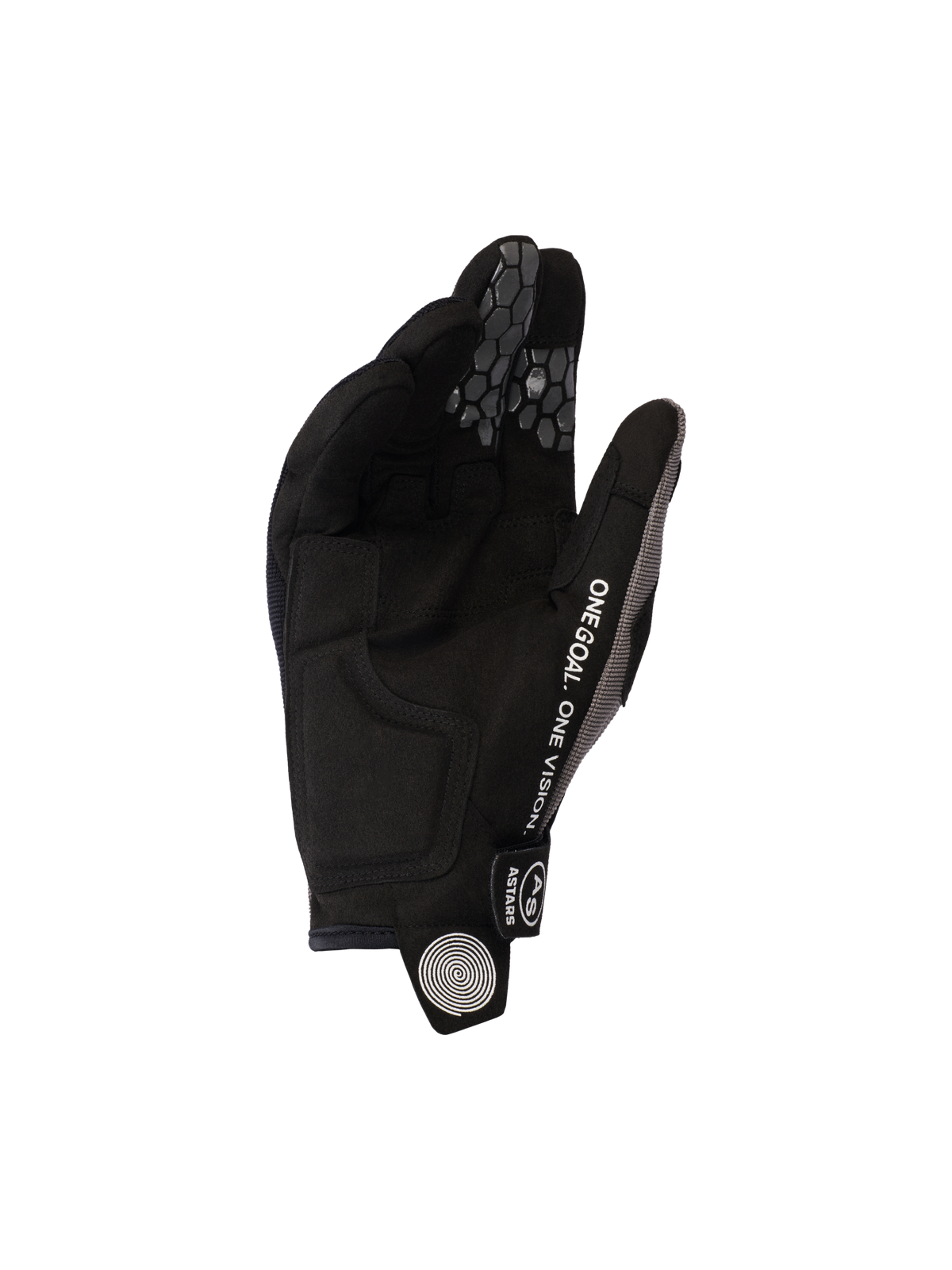 Alpinestars 2026 Pro-Dura handschoenen, Zwart Grijs, weergave van de handpalm van synthetisch suède en siliconen honingraat vingergrepen, voorzien van de tekst 'ONE GOAL. ONE VISION.' en een wit spiraallogo op het treklipje, duurzame off-road motoruitrusting