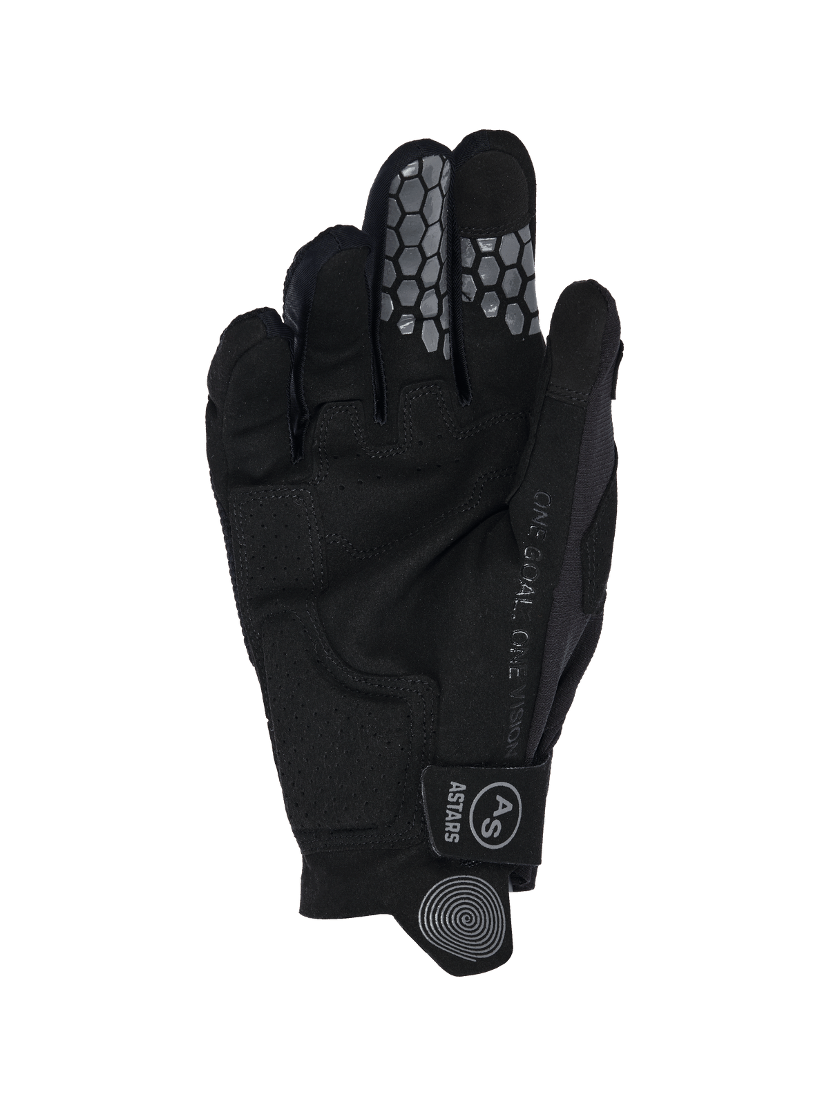 Alpinestars 2026 Radar Pro Gloves, motorcross handschoenen, zwart, binnenzijde van de hand met synthetisch suède constructie, grijze honingraat siliconen grip op wijs- en middelvinger, 'One Goal. One Vision.' tekst langs de zijkant en klittenbandsluiting met AS-logo.