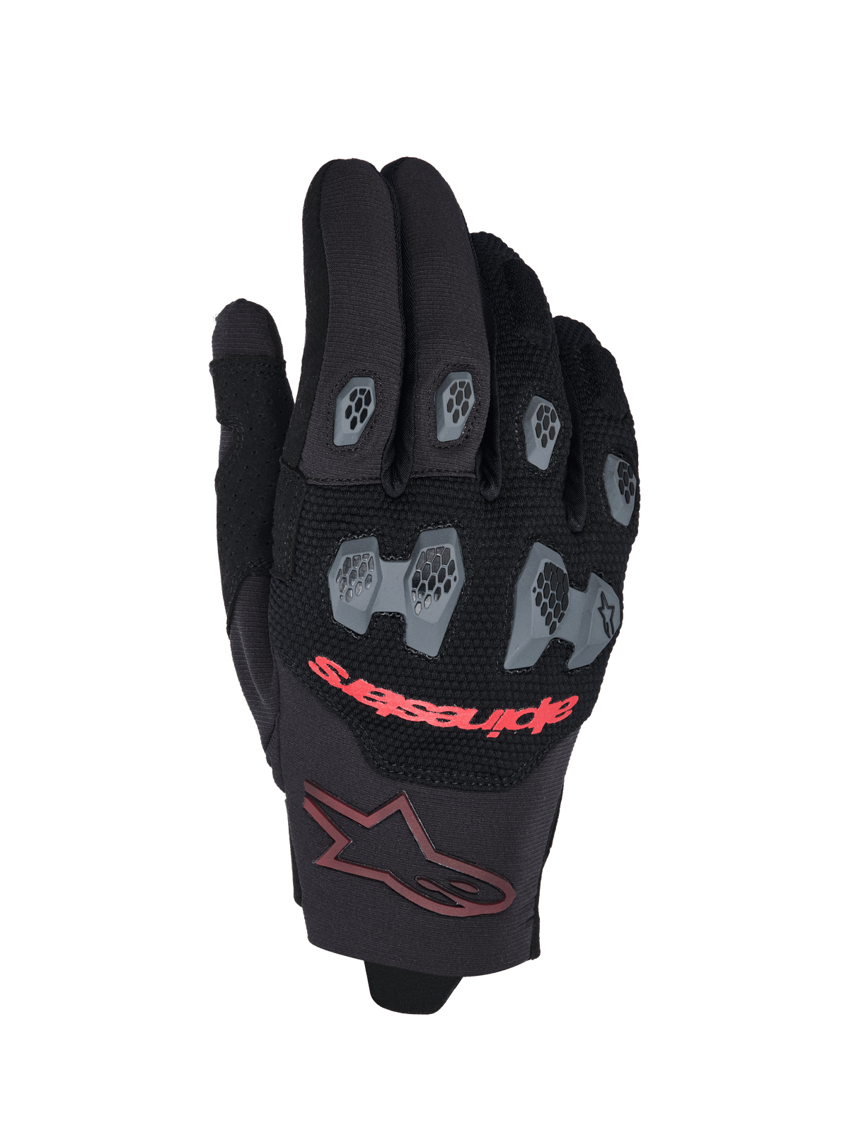 Alpinestars 2026 Pro-Dura handschoenen, motorcross- en endurohandschoenen, zwart en felrood, met grijze TPR-knokkel- en vingerbeschermers met een hexagonaal patroon, ademende mesh-bovenzijde, rode Alpinestars-tekst en een bordeauxrood sterlogo op de manchet
