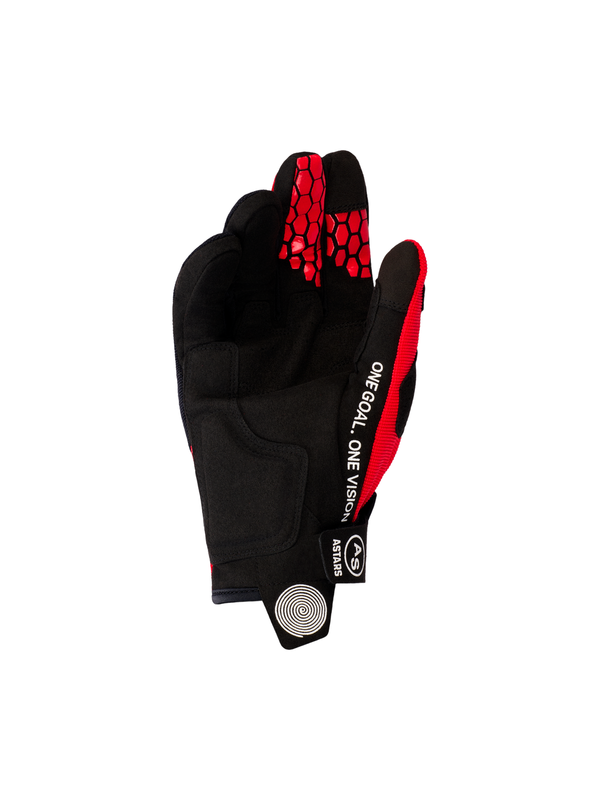 Alpinestars 2026 Pro-Dura handschoenen, motorcross- en endurohandschoenen, felrood en zwart, aanzicht van de handpalm met zwart synthetisch suède, witte 'ONE GOAL. ONE VISION' tekst aan de zijkant en rode honingraatpatronen op de vingertoppen.