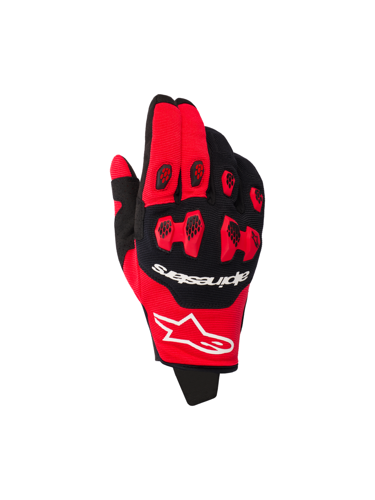 Alpinestars 2026 Pro-Dura handschoenen, motorcrosshandschoenen, felrood en zwart, voorzien van rode TPR-knokkelbescherming met zwarte honingraatinzetten, witte merklogo's, multi-paneel stretchconstructie voor off-road racing