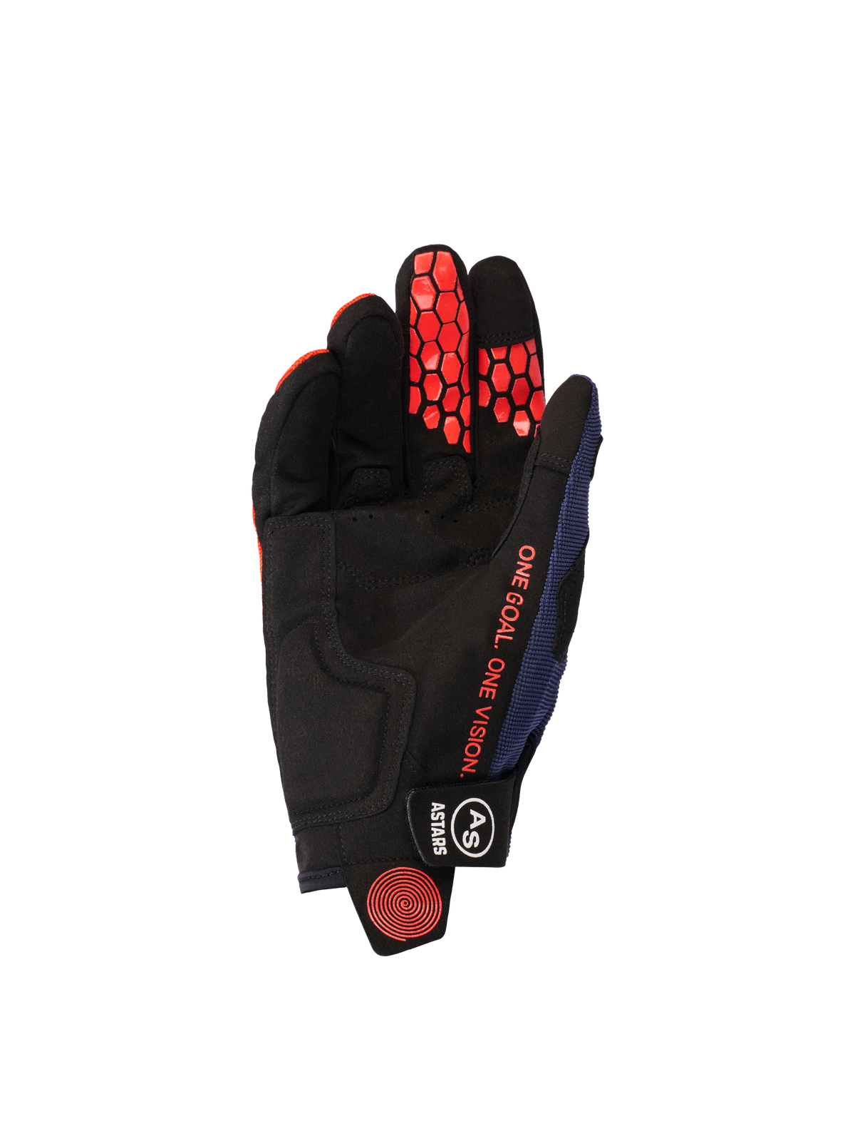 Alpinestars 2026 Pro-Dura handschoenen, handpalmzijde, Navy Hot Orange en wit, zwarte synthetische suède handpalm met oranje zeshoekige siliconen grip op de vingers, oranje 'ONE GOAL. ONE VISION.' tekst en zwarte polssluiting met witte branding.