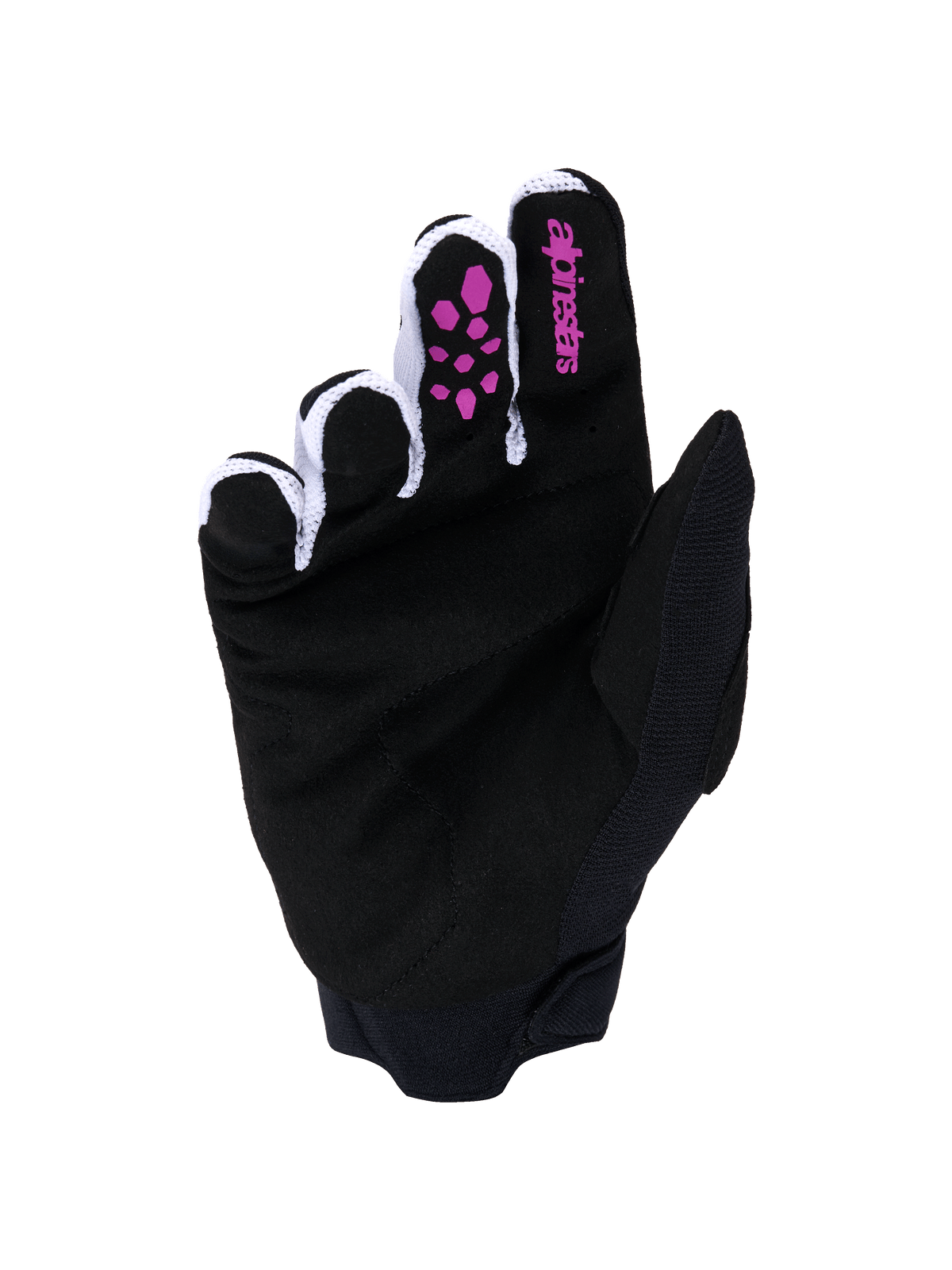 Alpinestars Full Bore V2 handschoenen, motorcrosshandschoenen, paars en zwart, handpalmweergave met zwart synthetisch suède, paarse siliconen grip op de vingers, Alpinestars-logo op de wijsvinger, wit geventileerd mesh tussen de vingers en zwarte neopreen manchet