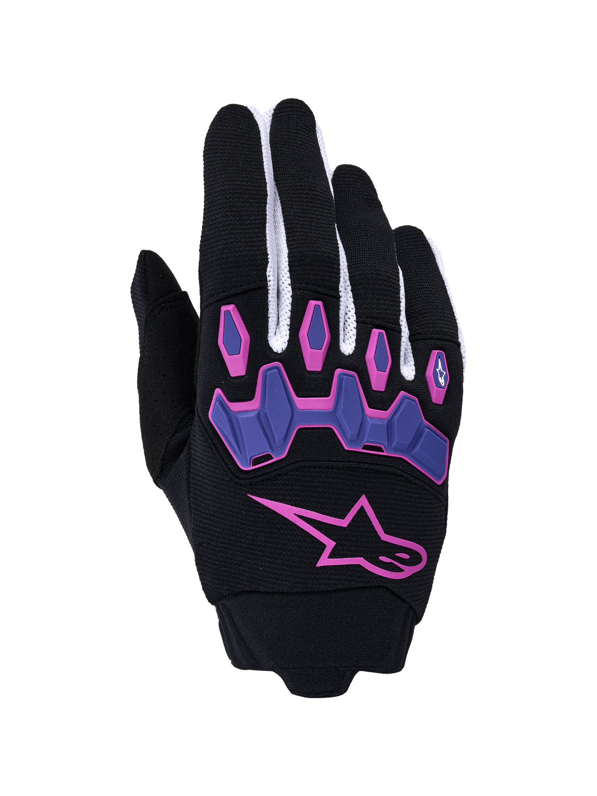 Alpinestars Full Bore V2 handschoenen, motorcrosshandschoenen, zwart en paars met roze accenten, voorzien van een groot roze ster-logo en paarse knokkelbeschermers, witte mesh vingerpanelen, off-road uitrusting