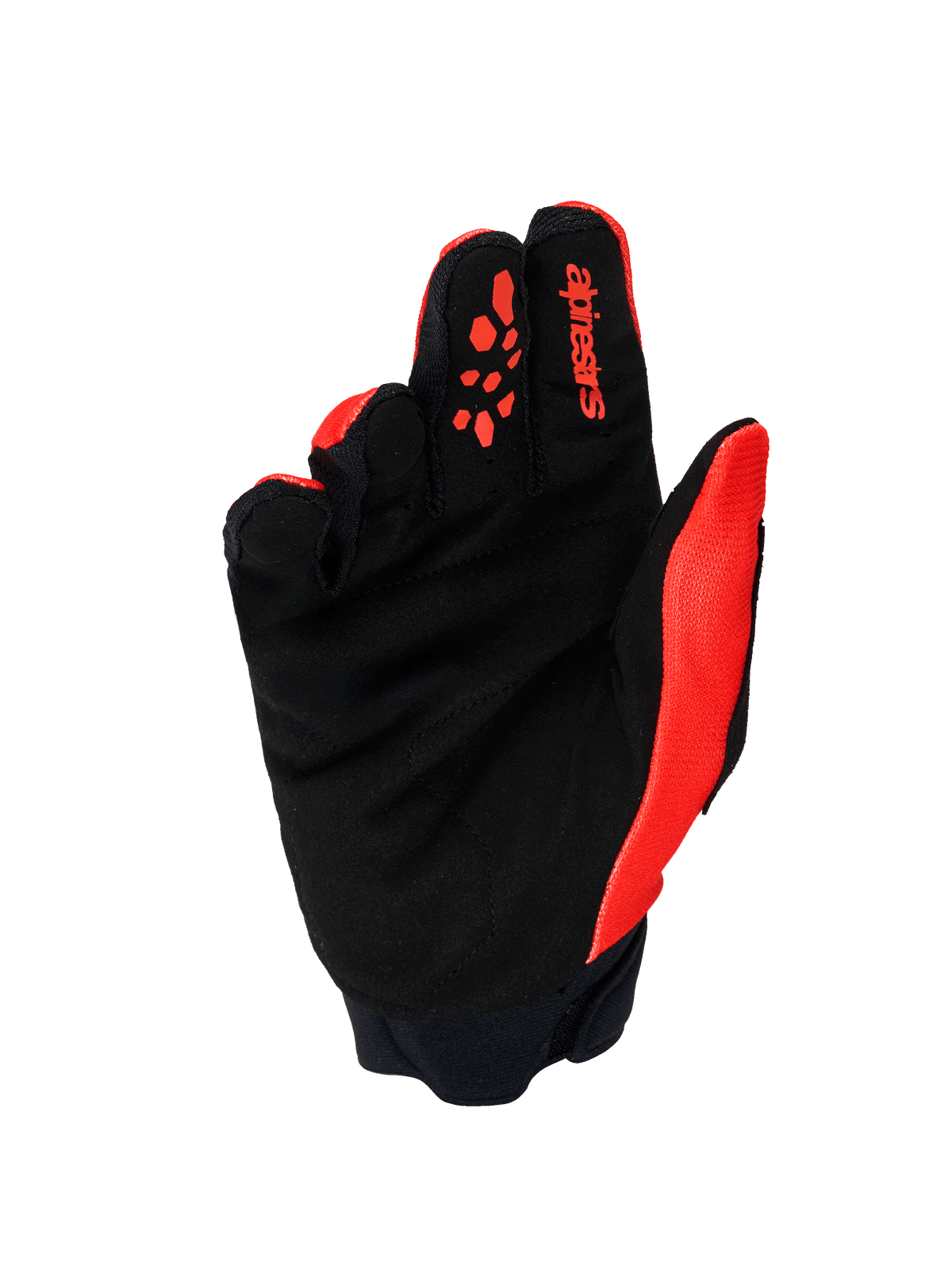 Alpinestars Full Bore V2 handschoenen, motorcross handschoenen, oranje en zwart, zicht op de handpalm met versterkt synthetisch suède, oranje siliconen vingergrepen, rood Alpinestars-logo op de wijsvinger en neopreen manchet.