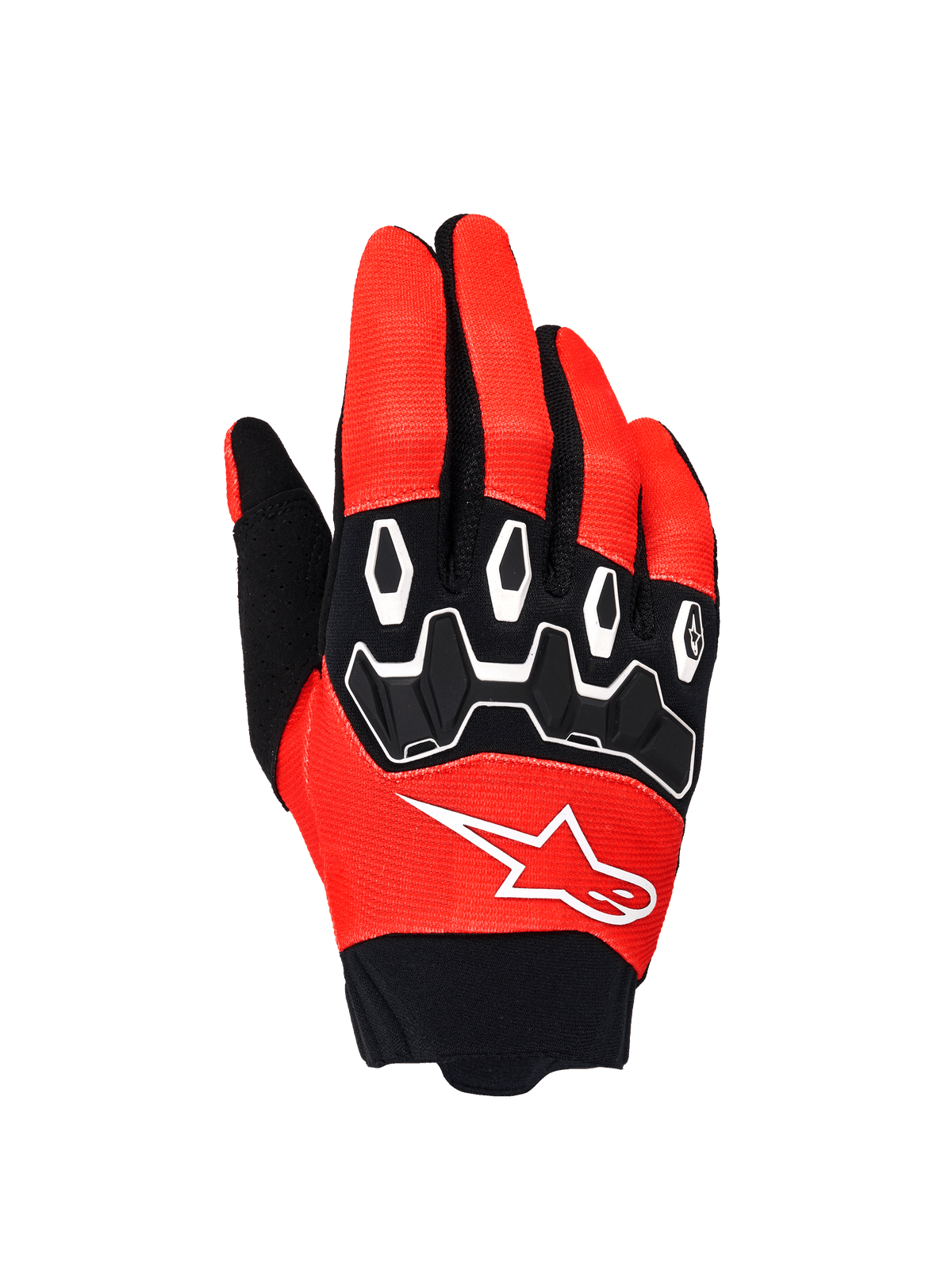 Alpinestars Full Bore V2 motorhandschoenen, motorcross handschoenen, oranje en zwart, bovenzijde met zwarte TPR-knokkelbescherming met witte contouren, wit Alpinestars-logo op ademende stretchstof, ontworpen voor off-road prestaties