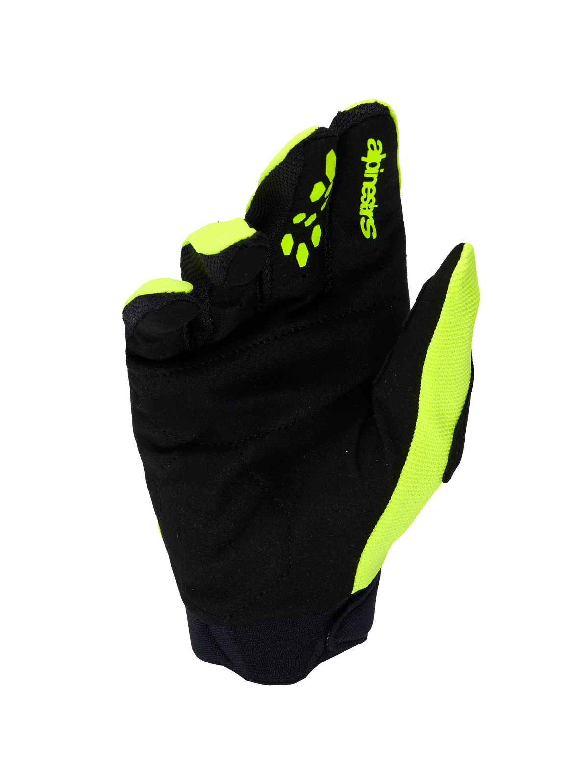 Alpinestars Full Bore V2 handschoenen, motorcross handschoenen, geel fluo en zwart, binnenzijde met versterkt synthetisch suède, neopreen manchet en felgele accenten aan de zijkanten en vingers