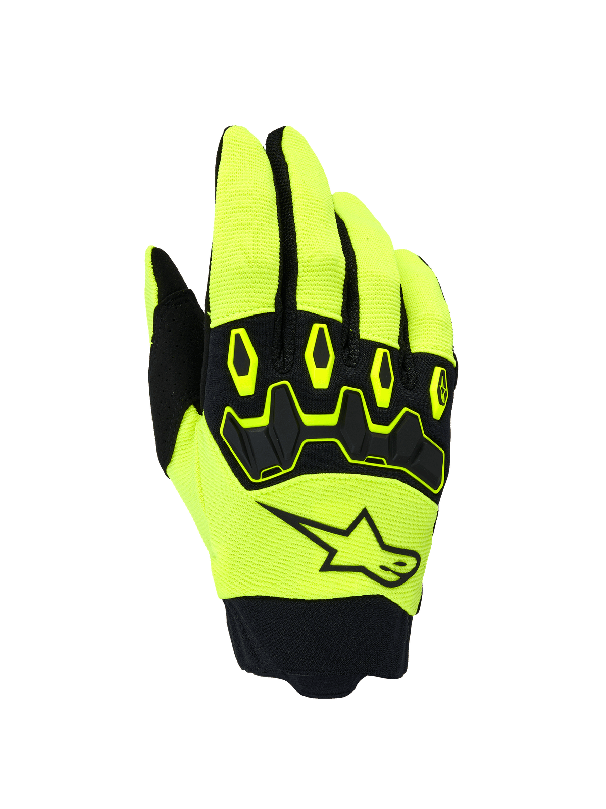Alpinestars Full Bore V2 handschoenen, motorcross handschoenen, neongeel en zwart, met ergonomische TPR-knokkelbescherming en Alpinestars sterlogo op de rugzijde, ademende stretchstof met neopreen manchet
