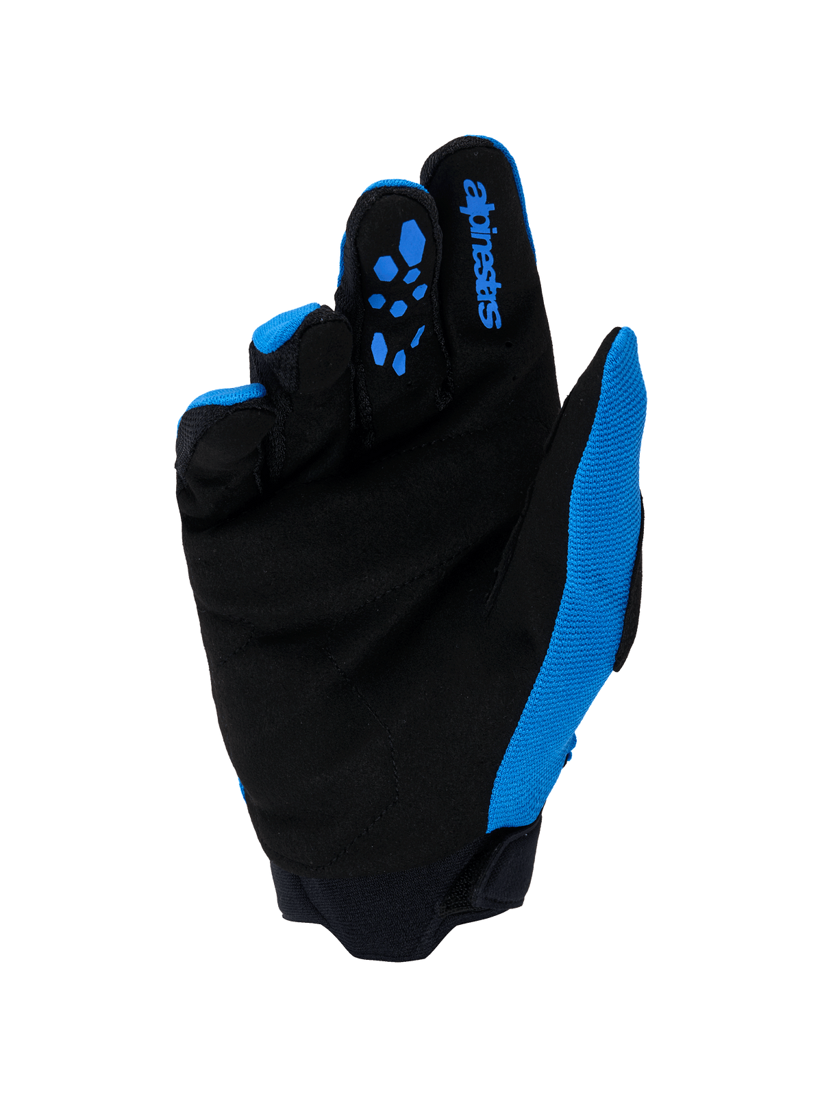 Alpinestars Full Bore V2-handschoenen, motorcrosshandschoenen, Ucla-blauw en zwart, handpalmaanzicht met versterkt synthetisch suède, blauwe siliconen grippatronen op de vingers, Alpinestars-logo en duurzame neopreen manchet