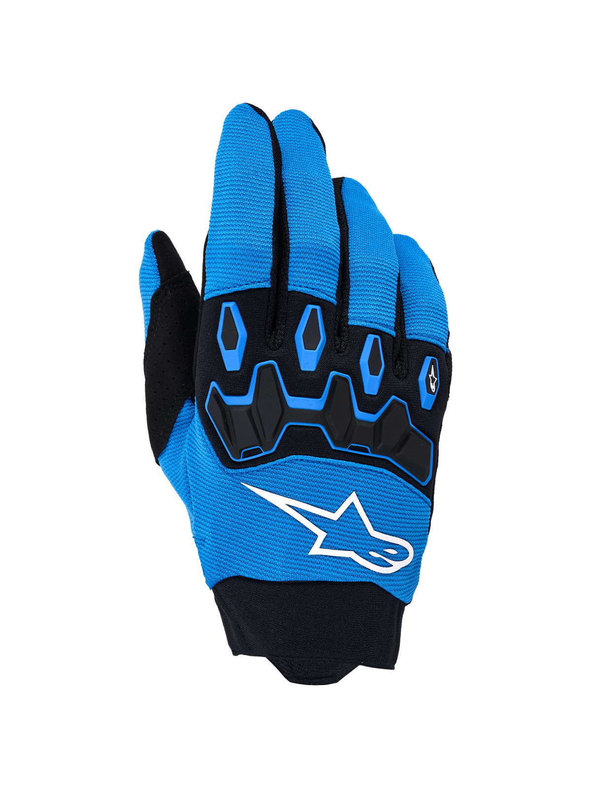 Alpinestars Full Bore V2 handschoenen, motorcross handschoenen, Ucla blauw en zwart, met een opvallend wit logo en zwarte TPR-knokkelbescherming op een ademende stretchstof bovenzijde, ontworpen voor hoogwaardige off-road prestaties
