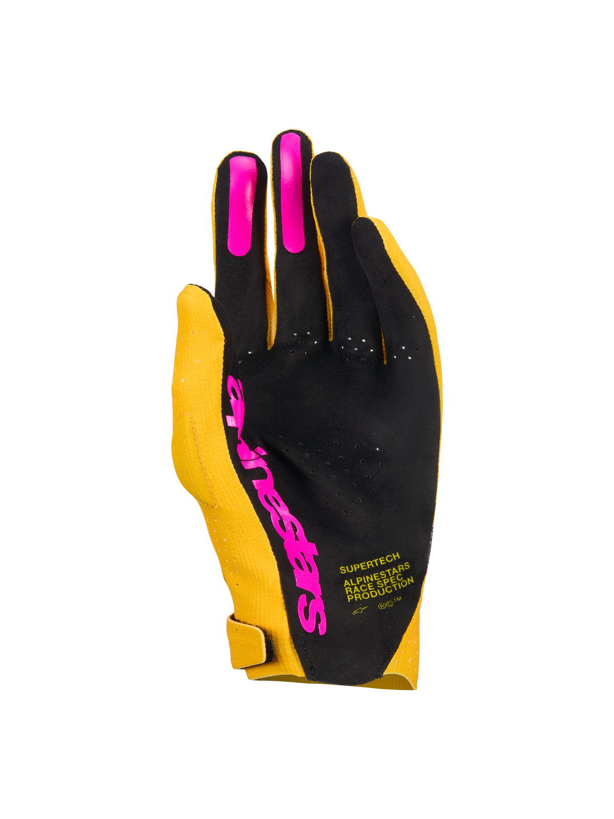 Alpinestars Supertech MX Gloves, Motocross Gloves, Gold Black and Fluo Pink, palm view featuring a single-layer perforated palm with pink silicone finger grips and Alpinestars logo, lightweight racing gear