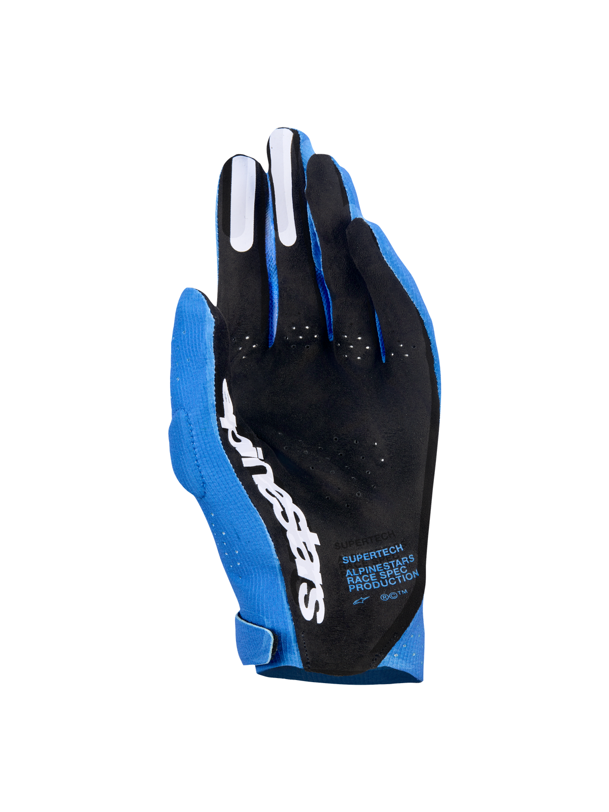 Alpinestars Supertech MX-handschoenen, motorcross handschoenen, Ucla Blue en Deep Blue met witte accenten, handpalmzicht met zwart geperforeerd materiaal, wit Alpinestars-logo, siliconen vingergrips en technische tekst, professionele off-road race-uitrusting