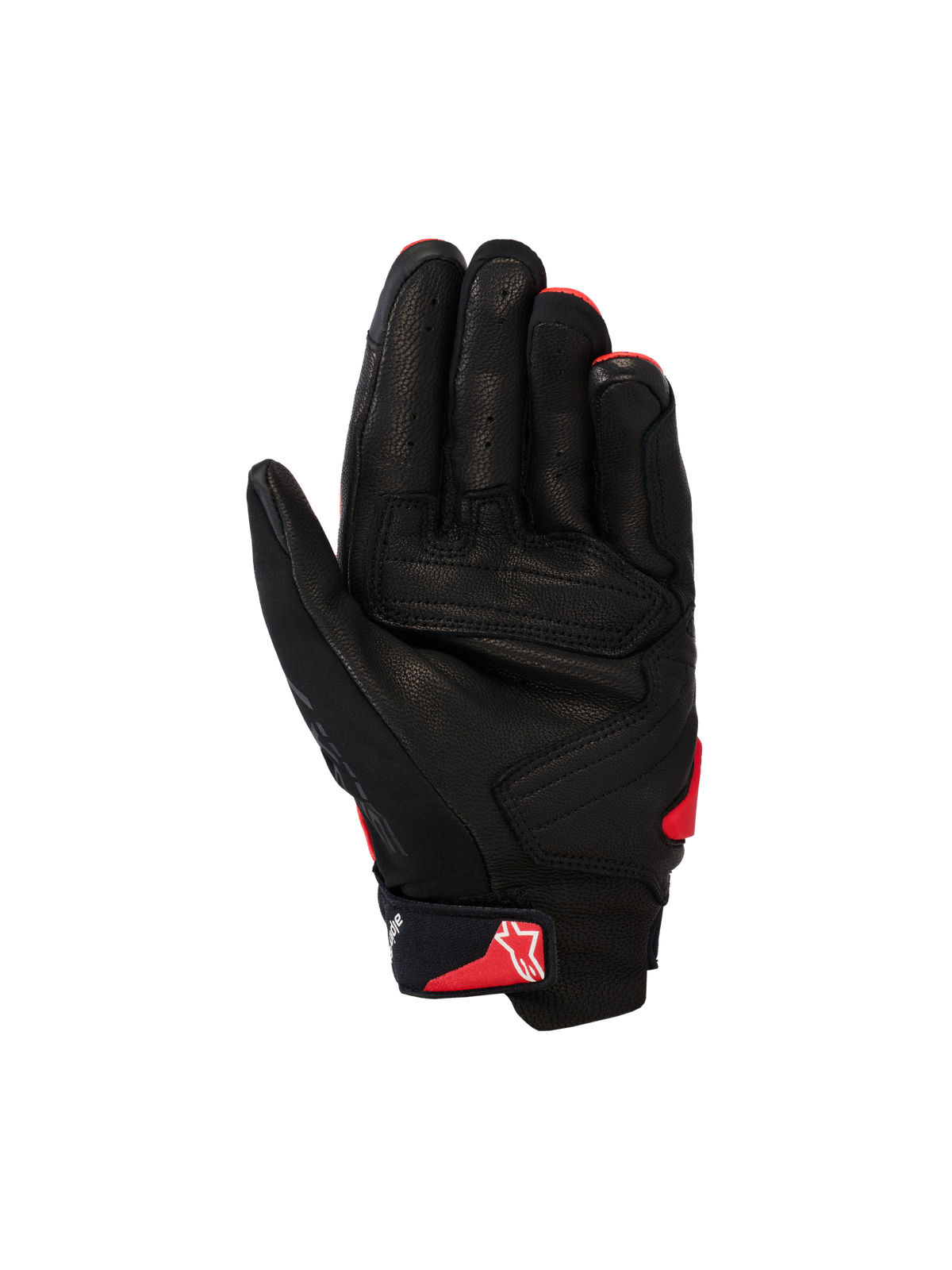Alpinestars SP X 7 handschoenen, korte motorhandschoenen, zwart en felrood, handpalmaanzicht met geperforeerde leren constructie, versterkte handpalmpanelen en rood Astars-logo op de polsband