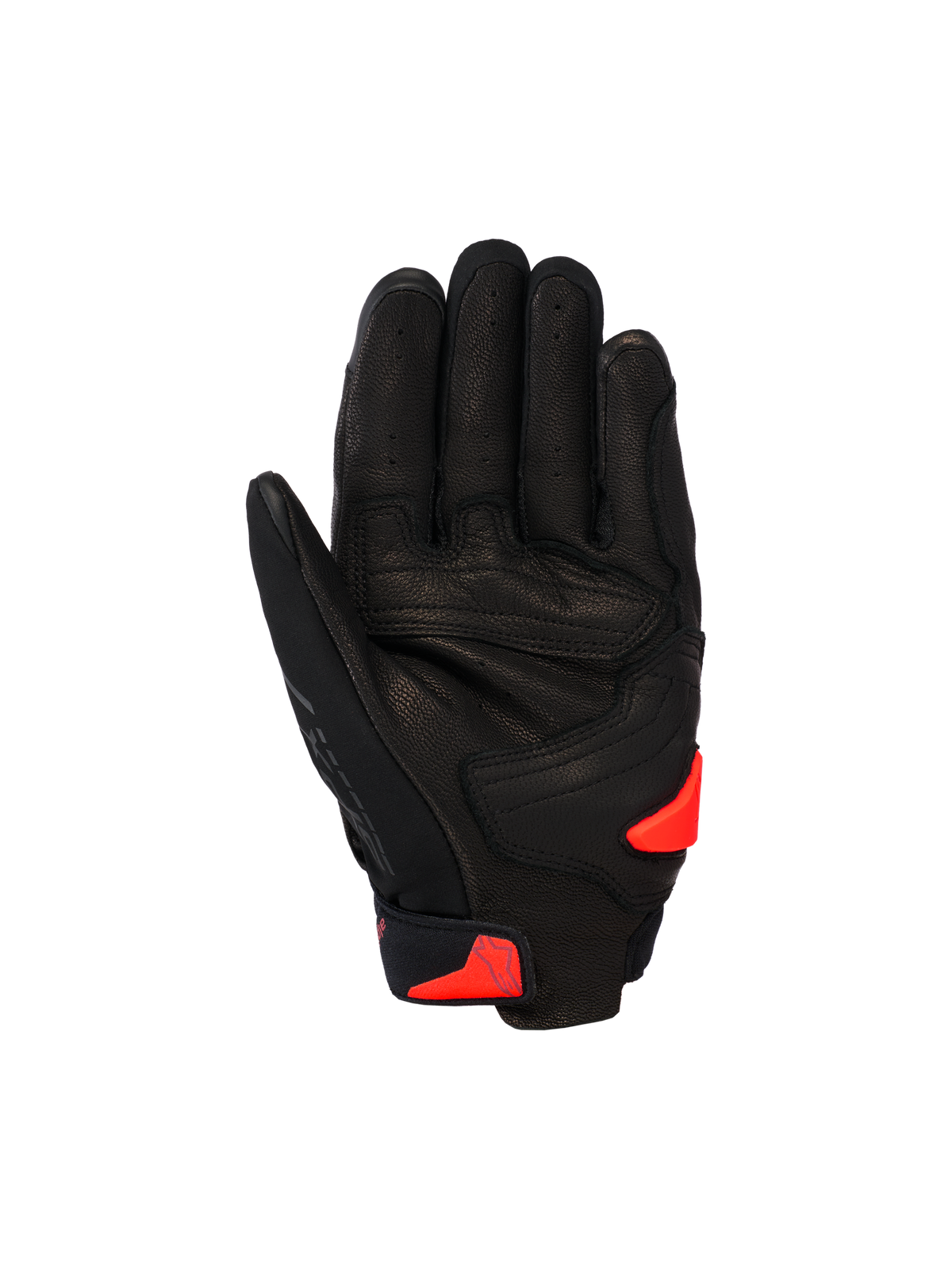 Alpinestars SP X 7 handschoenen, korte sportmotorhandschoenen, zwart met Red Fluo accenten, handpalmaanzicht met geperforeerde leren constructie, versterkt handpalmgedeelte en TPR handpalmslider.