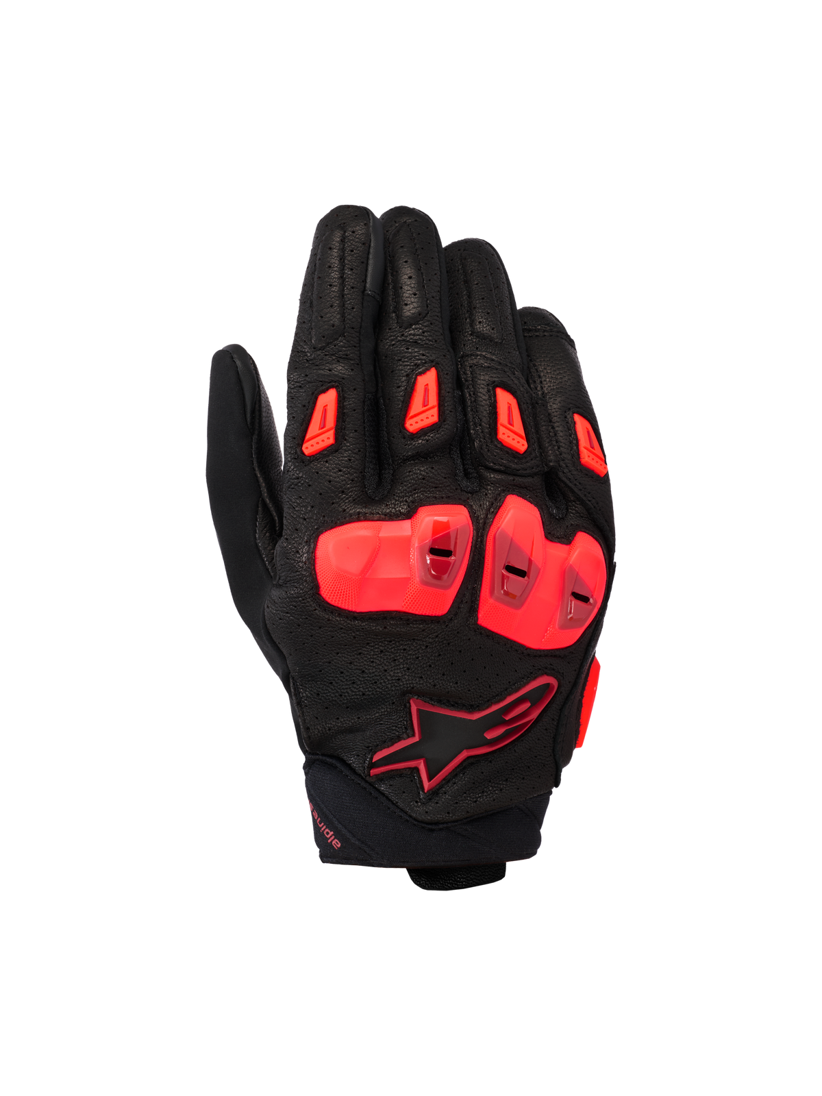 Alpinestars SP X 7 handschoenen, korte motorhandschoenen, zwart en fluo rood, geperforeerd lederen chassis met dubbele dichtheid TPU knokkelbescherming, TPR vinger-sliders en een compact manchetontwerp