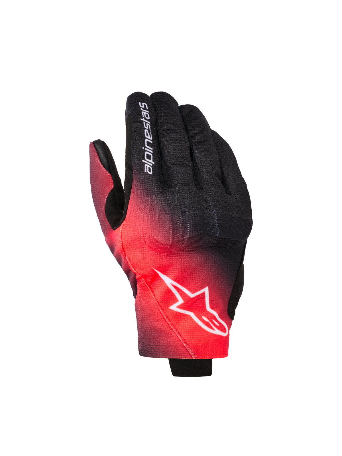 Alpinestars Reef V2 handschoenen, motorhandschoenen, zwart en rood fluo met een kleurverloop, wit Alpinestars ster-logo op de rug van de hand en tekst op de vinger, urban road riding stijl