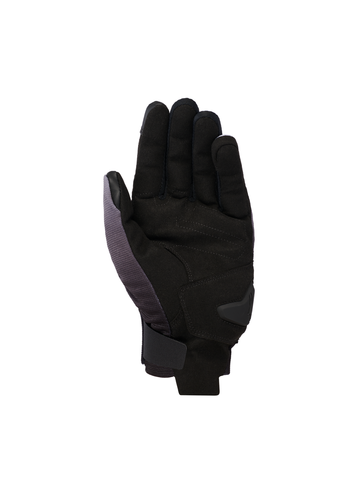 Alpinestars Reef V2 Gloves, short-cuff motorcycle gloves, Mid Gray Black White, palm-side view featuring synthetic suede with padded reinforcement and a secure hook-and-loop wrist closure.