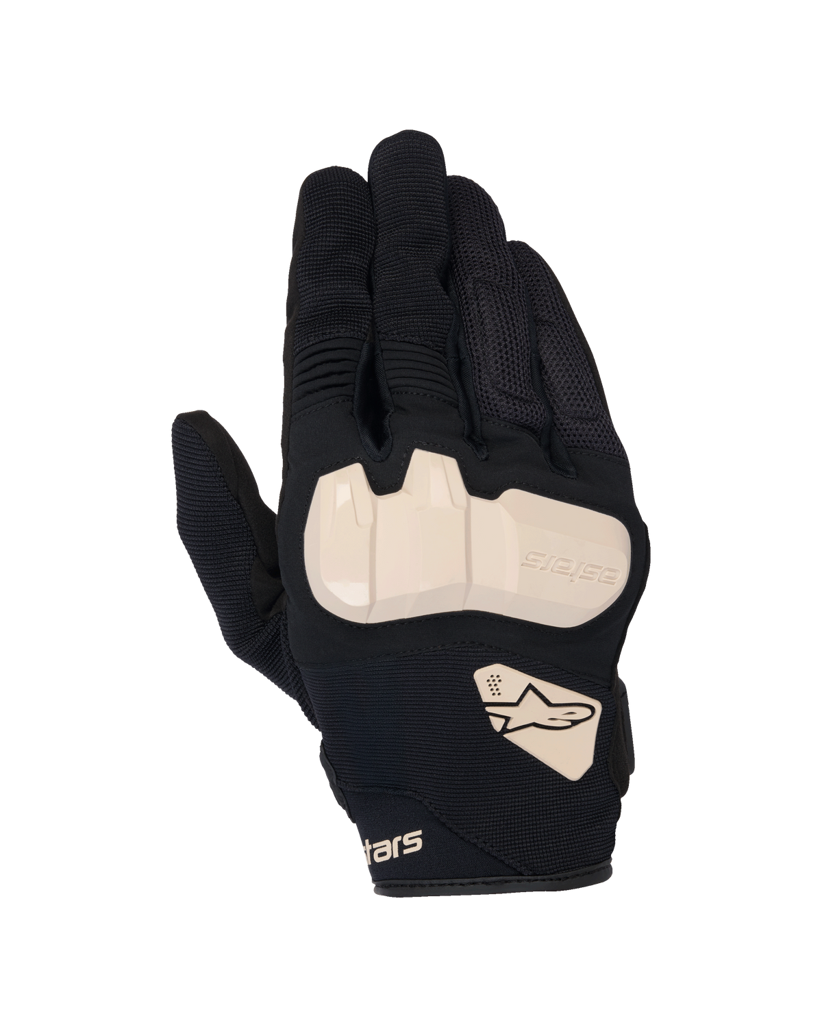 Alpinestars Chrome V2 handschoenen, motorhandschoenen, zwart met beige accenten, bovenaanzicht met TPU-knokkelbescherming, constructie van mesh en stretchstof, accordeonpanelen op de vingers