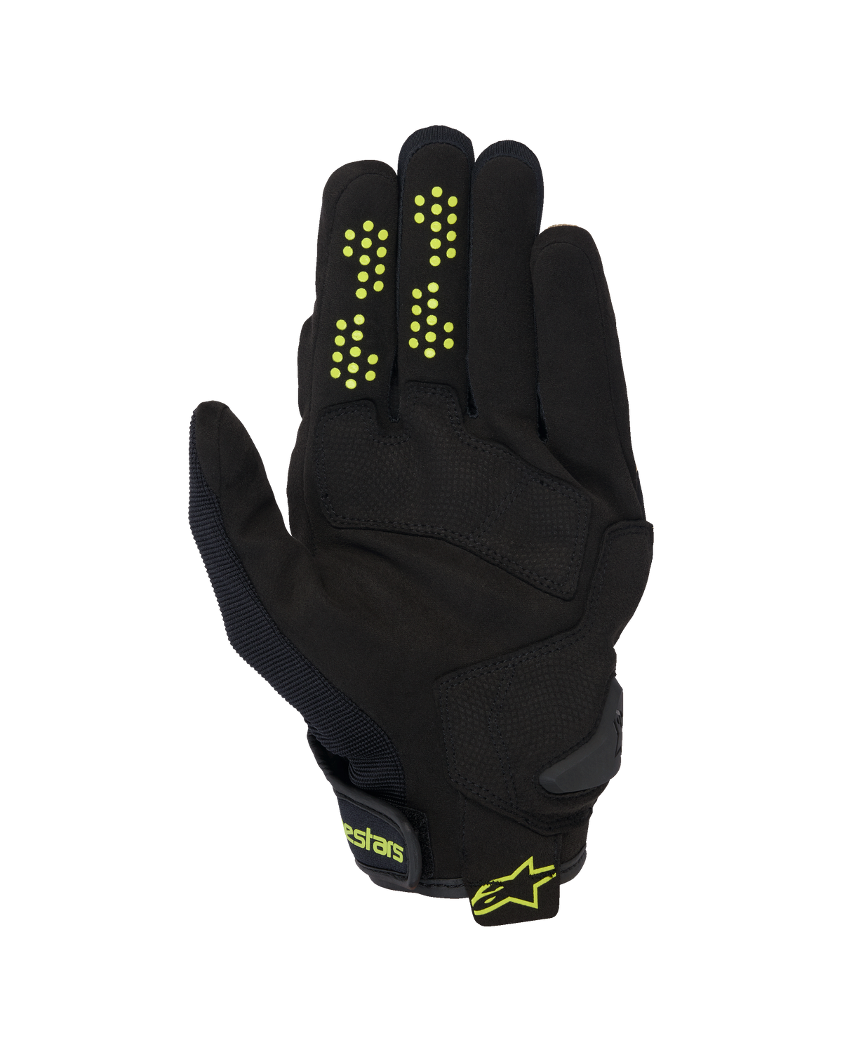 Alpinestars Chrome V2 handschoenen, motorhandschoenen met korte manchet, zwart met neongele accenten, zicht op de handpalm met constructie van synthetisch suède, siliconen gripstippen op de vingers en klittenbandsluiting bij de pols met Alpinestars-branding.