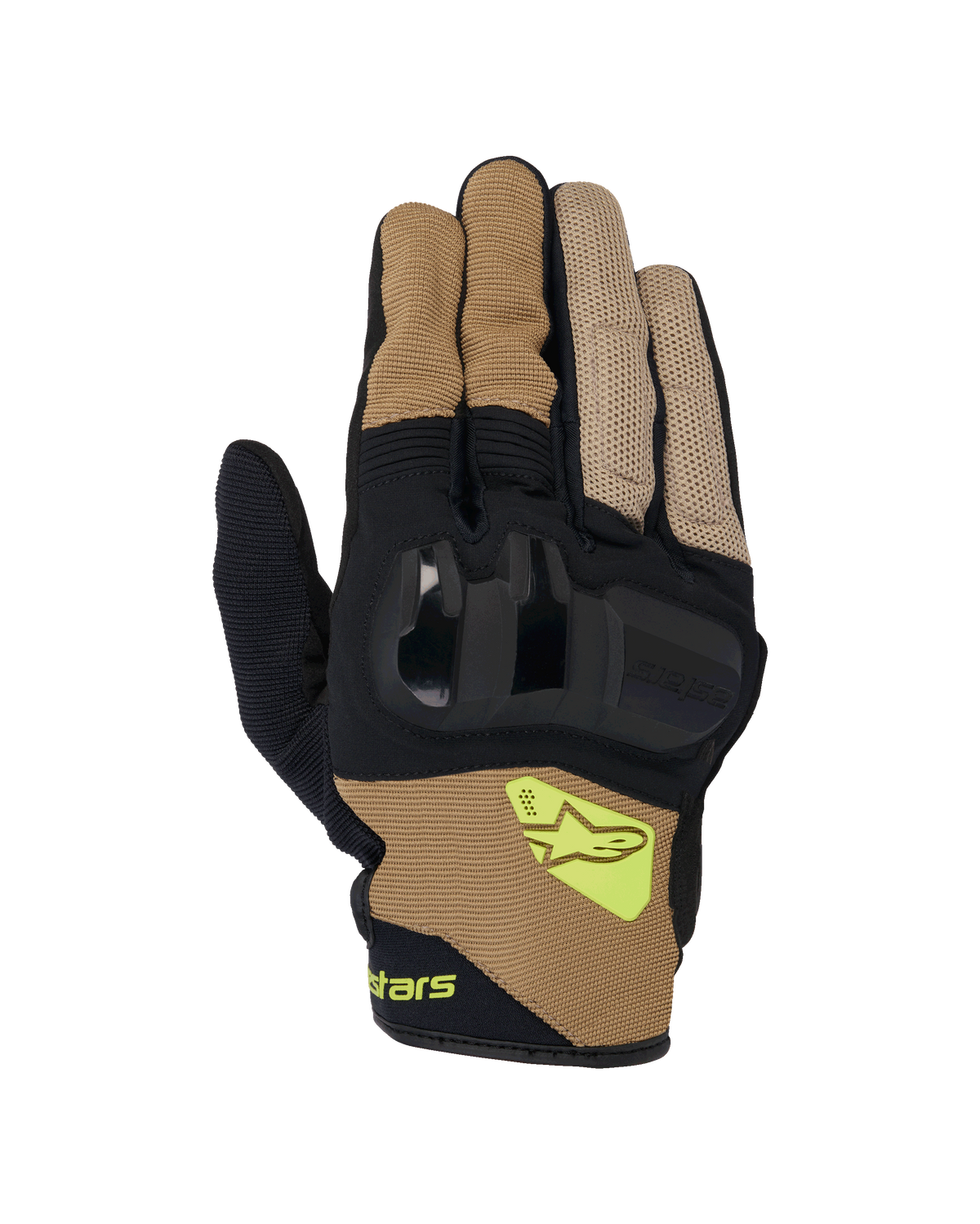 Alpinestars Chrome V2 handschoenen, korte motorhandschoenen, donkerkhaki en zwart, voorzien van harde knokkelbescherming, ademende mesh-panelen en fluorescerend geel Alpinestars logo, stedelijke motorkleding