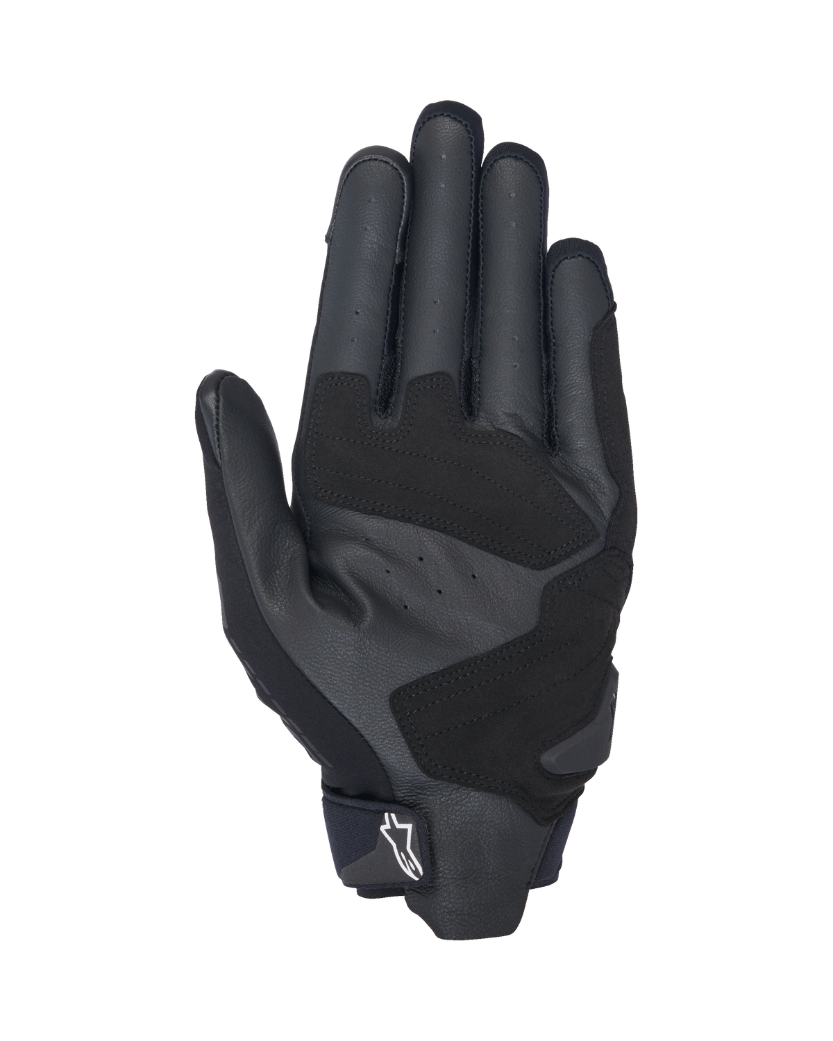 Alpinestars SP X 3 Handschoenen, zwart-witte motorhandschoenen, handpalmzijde met geperforeerd leer voor ventilatie, synthetisch leren overlays voor verbeterde grip en duurzaamheid, versterkte impactzones en een kort manchetontwerp met wit Alpinestars-logo op de treklip.