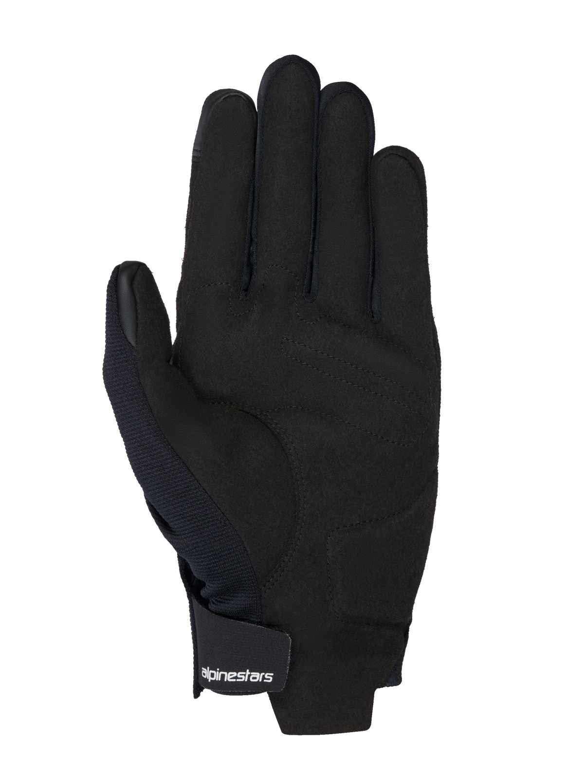 Alpinestars MM93 Reef V2 handschoenen, zwart synthetisch suède handpalm, gewatteerde palmversterking, touchscreen-compatibele vingertoppen, klittenbandsluiting bij de pols met wit logo