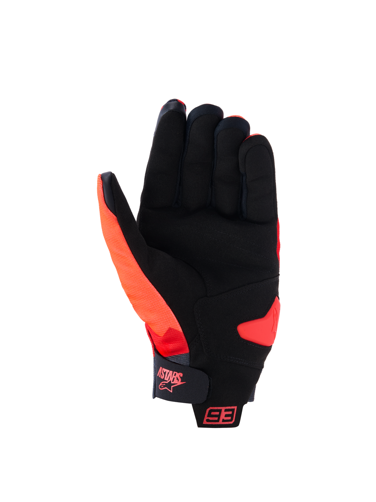 Alpinestars MM93 Reef V2 handschoenen, zicht op de handpalm, fluo rood, helderrood en zwart, met een handpalm van synthetisch suède en gewatteerde versteviging, klittenbandsluiting op de manchet met Astars-logo en 93-branding, urban motorhandschoenen