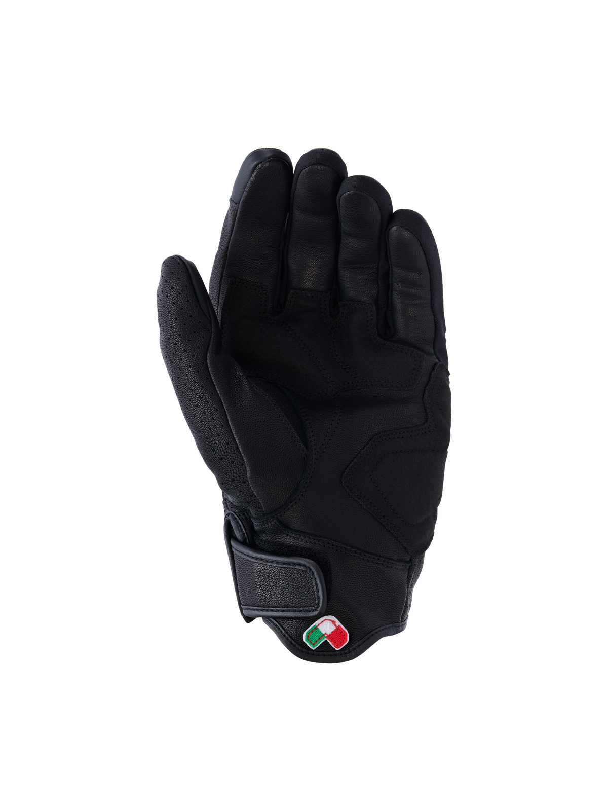 Alpinestars Mustang V3 leren handschoenen, zwart, handpalm-aanzicht, hoogwaardige geitenleren constructie met versterkte gripzones, kort manchet met klittenbandsluiting en kleine geborduurde logo-patch, stedelijke motorbescherming