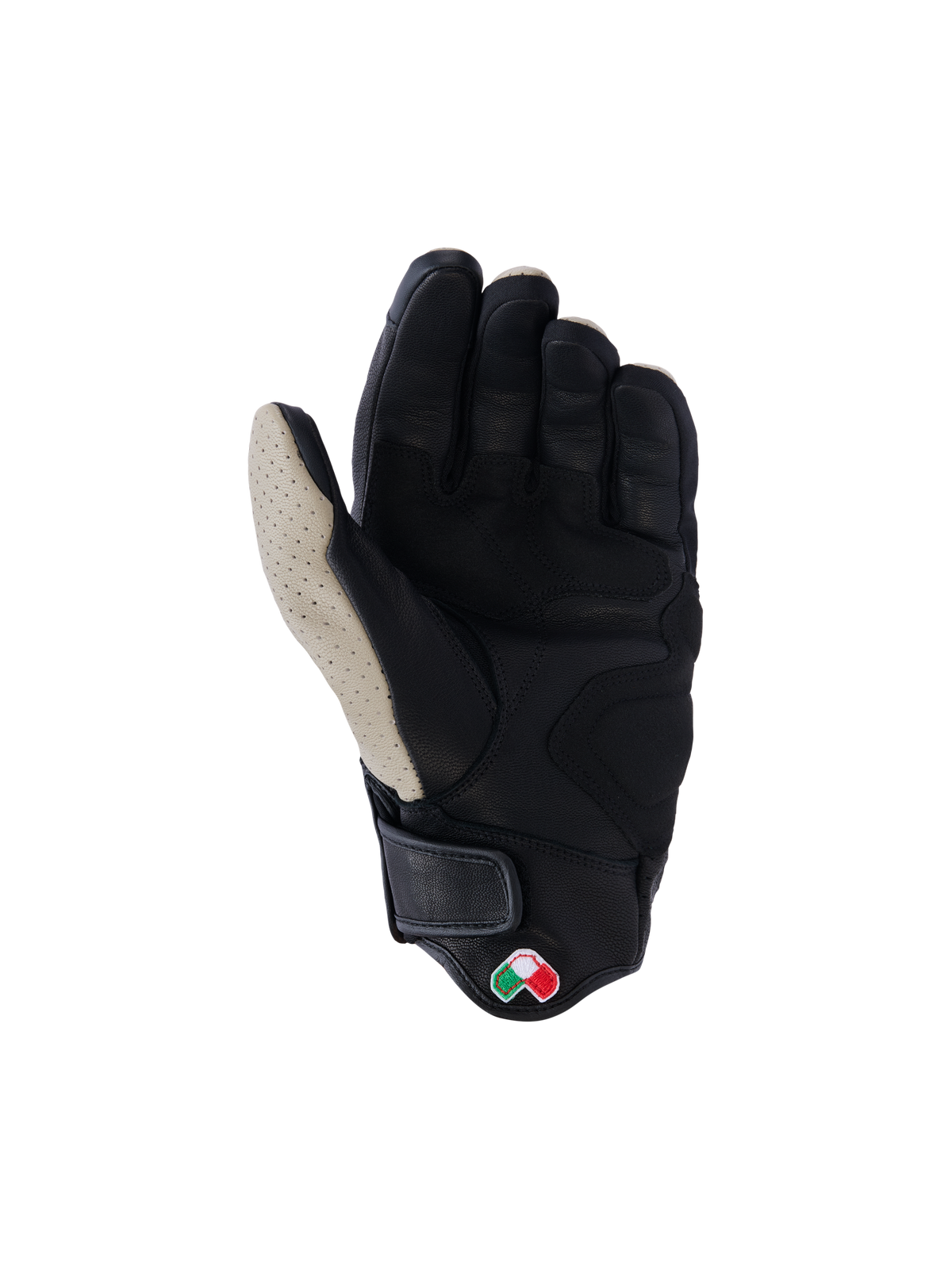 Alpinestars Mustang V3 lederen handschoenen, handpalmaanzicht, Aluminum Black, zwart geitenleer met geperforeerde lichtgrijze duimzone, verstevigde handpalm- en duimzones, korte manchet met klittenbandsluiting, op heritage geïnspireerde stedelijke motorhandschoenen