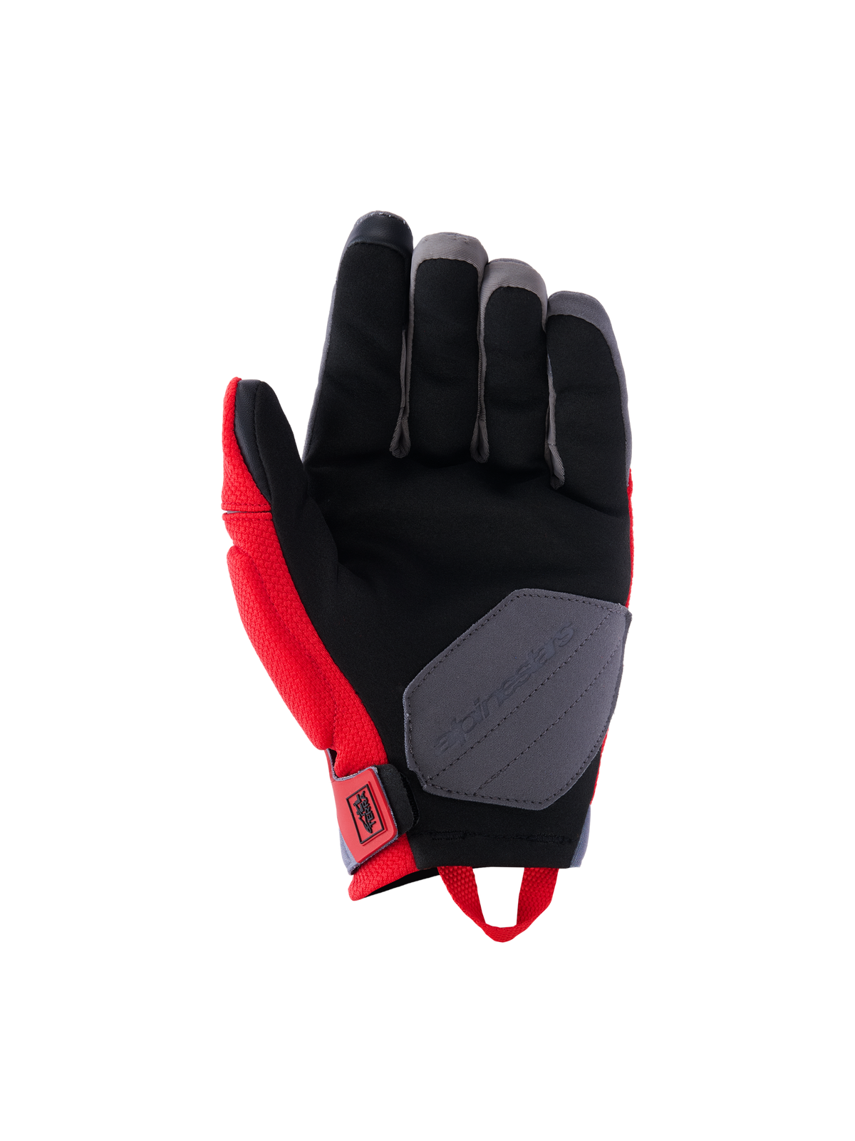 Alpinestars Durack handschoenen, motorhandschoenen, felrood en middengrijs, handpalmweergave met synthetisch suède constructie, zwarte handpalm met grijze verstevigingspatch, rode zijpanelen en treklus bij de pols