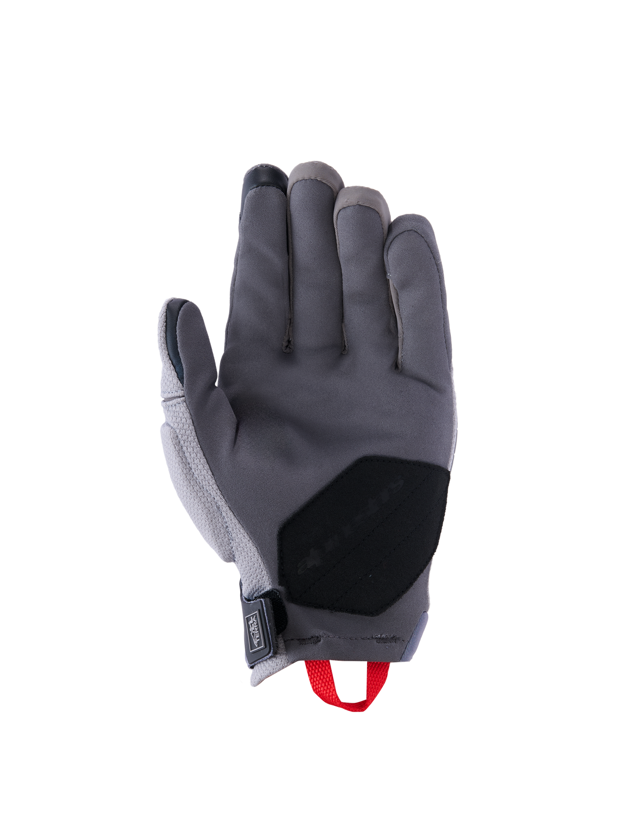 Alpinestars Durack handschoenen, motorhandschoenen, donkergrijs en middengrijs, palmzijde met constructie van synthetisch suède, zwarte verstevigde patch op de handpalm, rode aantreklus en neopreen polssluiting, adventure-rijuitrusting met kort manchet