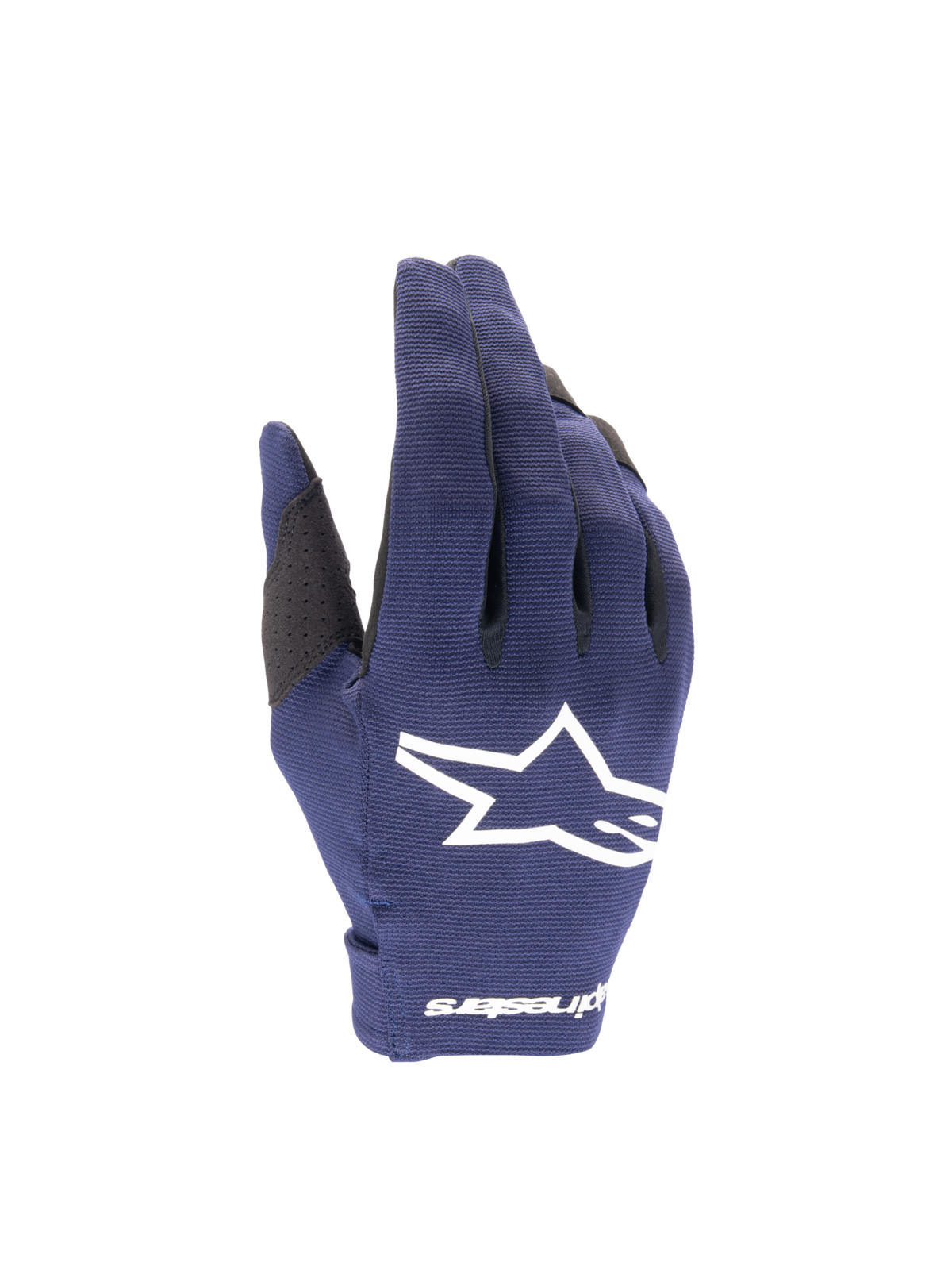 Alpinestars Radar herenmotorcrosshandschoenen 2025 in nacht marine en wit, lichtgewicht stretch textiel met wit sterlogo.