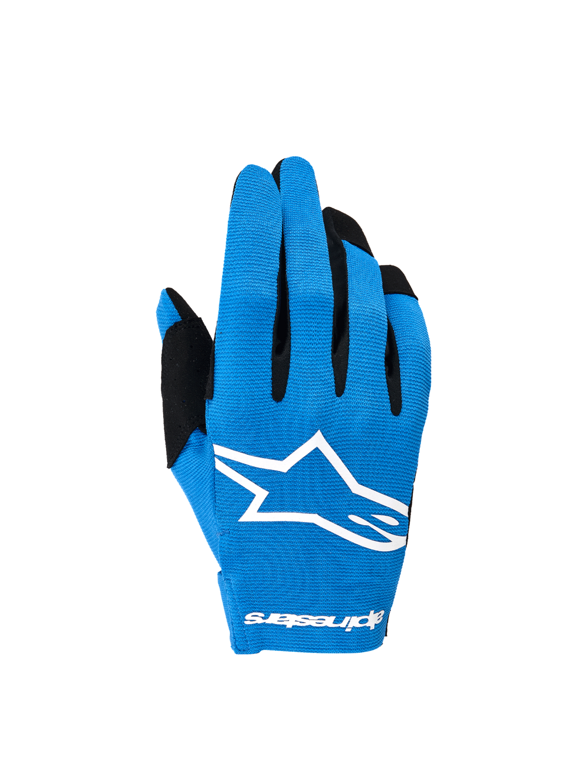 Alpinestars Radar handschoenen 2026, blauw-witte heren motorcrosshandschoenen met stretch rugzijde en wit Astars-logo.