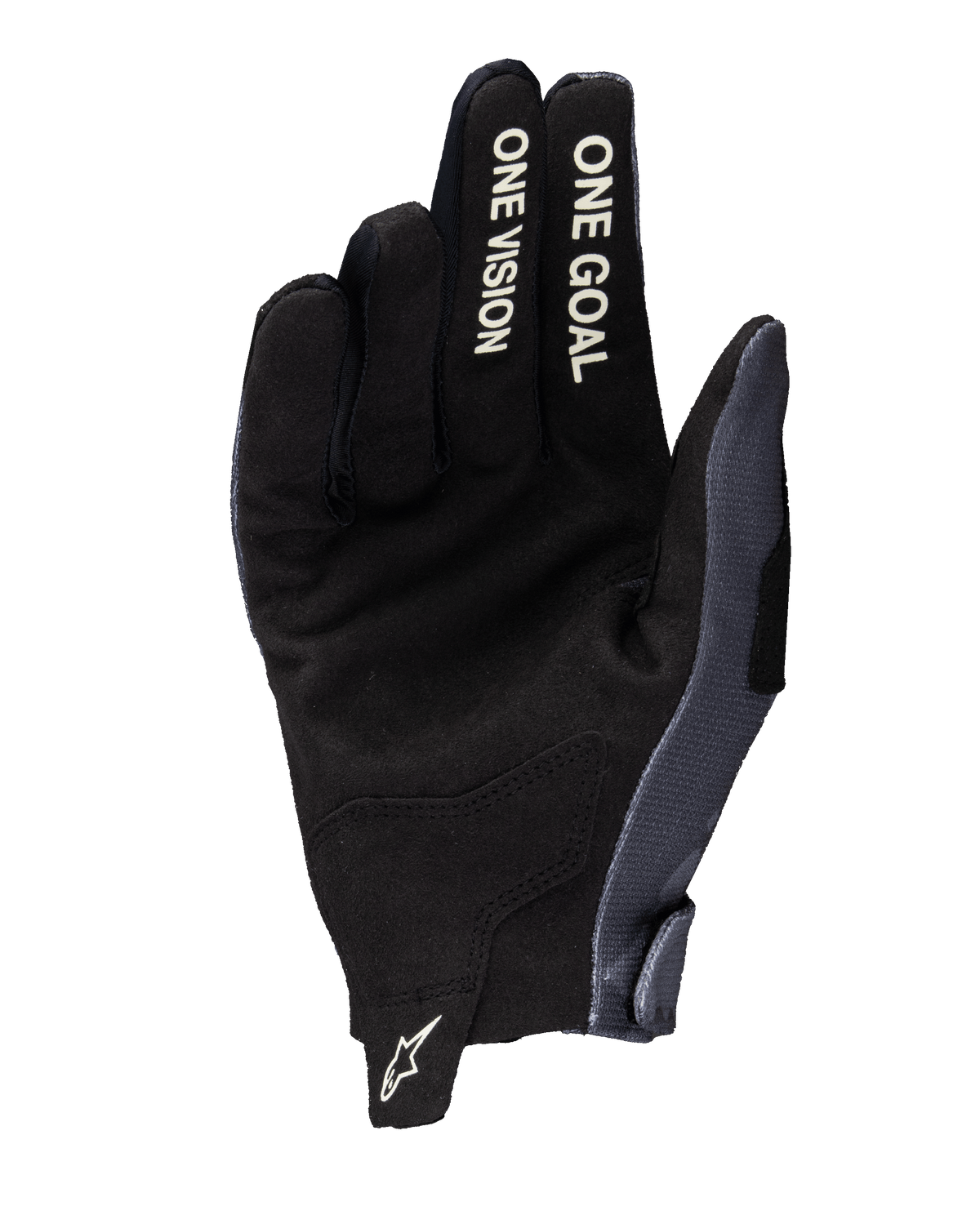 Alpinestars 2025 Radar Handschoenen, motorcross handschoenen, grijs en Dark Camo, palmzicht met synthetische suède constructie, witte 'ONE VISION' en 'ONE GOAL' tekst op de vingers en een wit Astars logo op het treklipje bij de pols