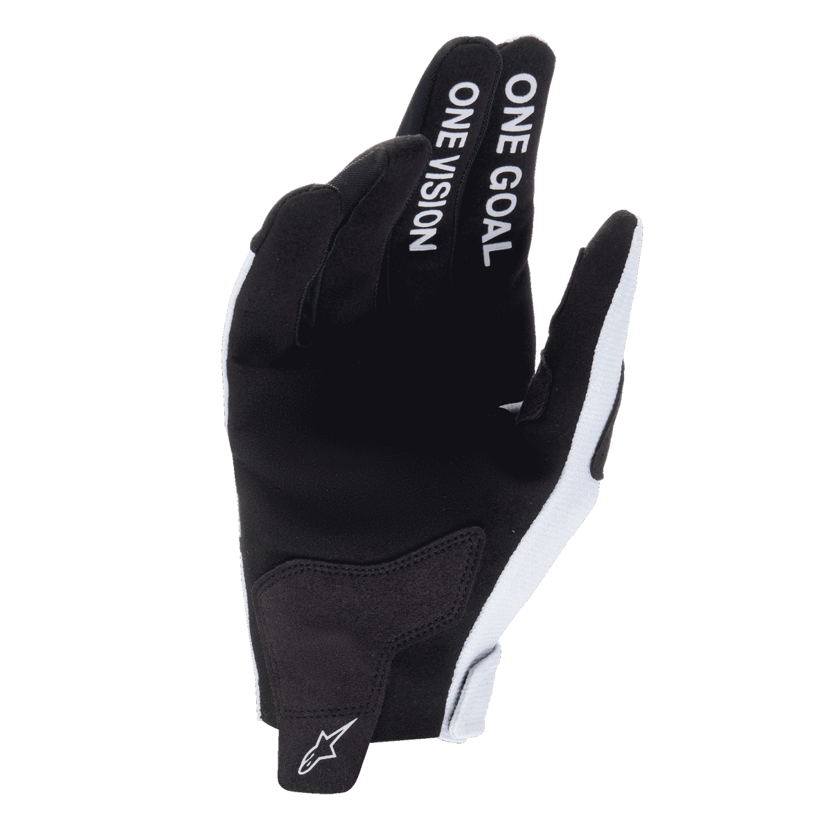Alpinestars 2025 Radar handschoenen, motorcross handschoenen, Haze Gray en zwart, handpalmweergave met synthetisch suède materiaal, 'ONE GOAL ONE VISION' tekst op wijs- en middelvinger, wit logo op de treklus, duurzaam off-road race-ontwerp