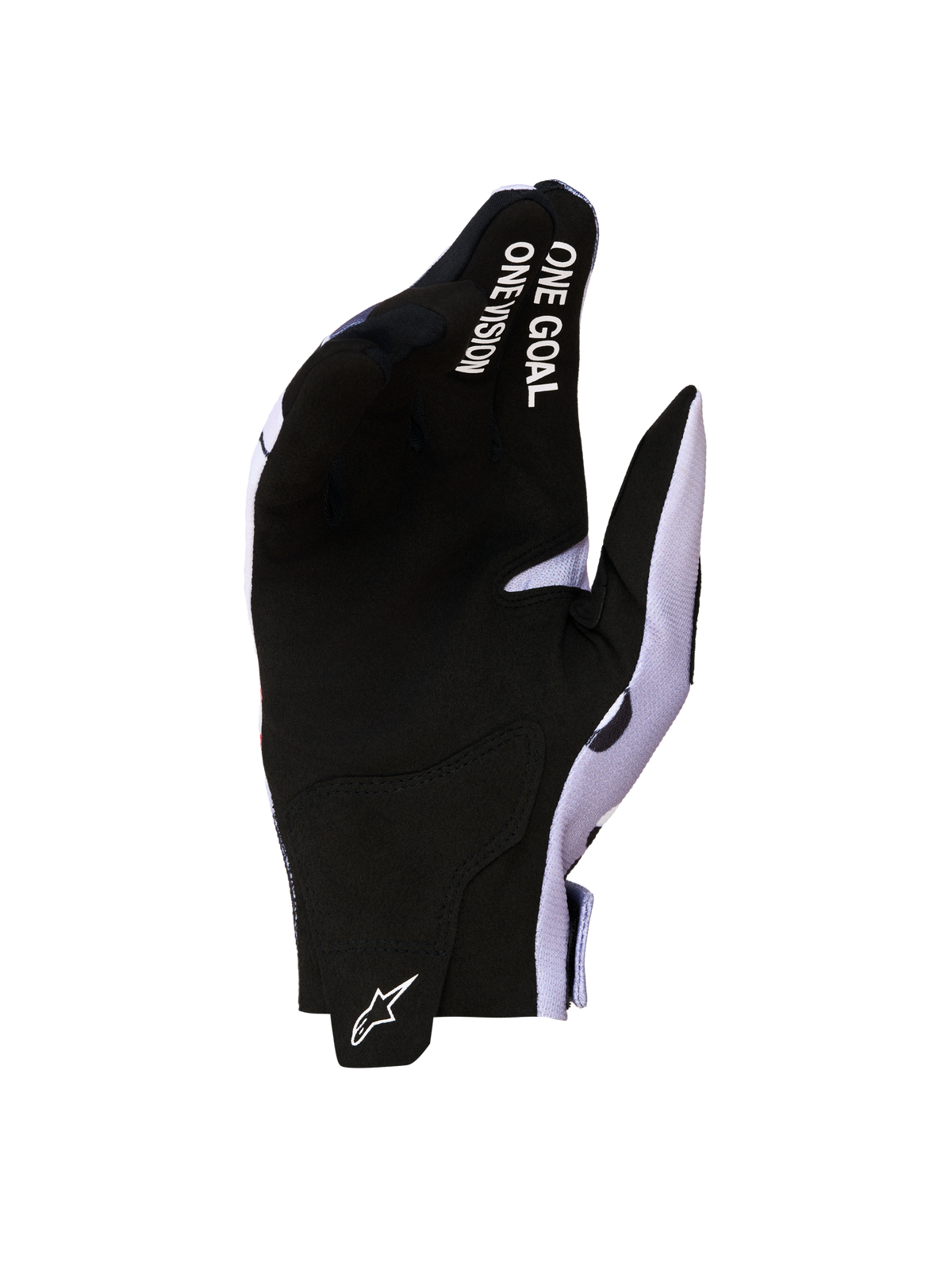 Alpinestars Radar Handschoenen 2027, zwart en grijs, motocross motorhandschoenen met synthetisch suède palm en ONE GOAL ONE VISION branding.