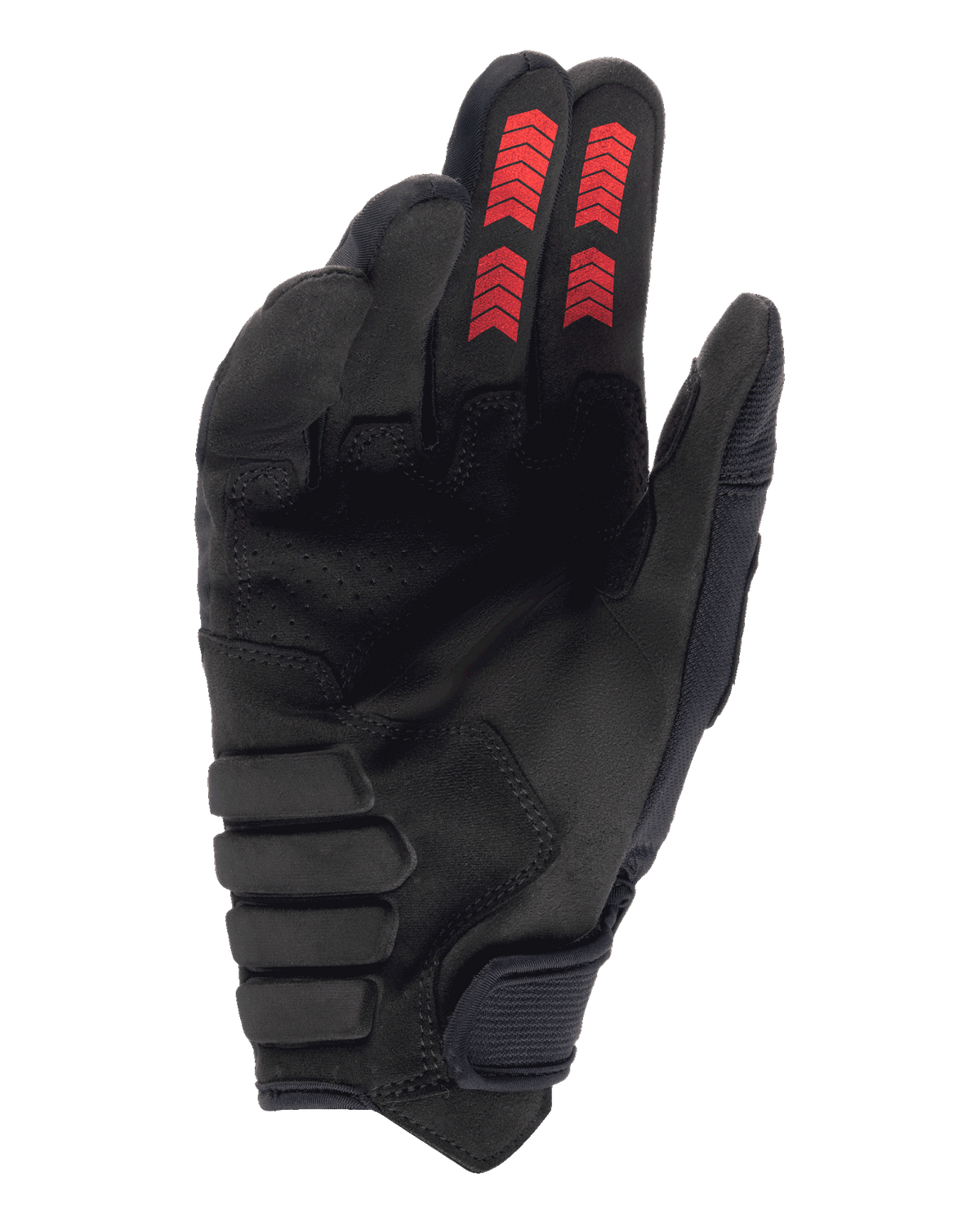 Alpinestars Techdura Gloves, Off-road Enduro Gloves, Black with Fire Red, palm side view featuring reinforced synthetic suede, red chevron graphics on fingertips, and hook-and-loop wrist closure.