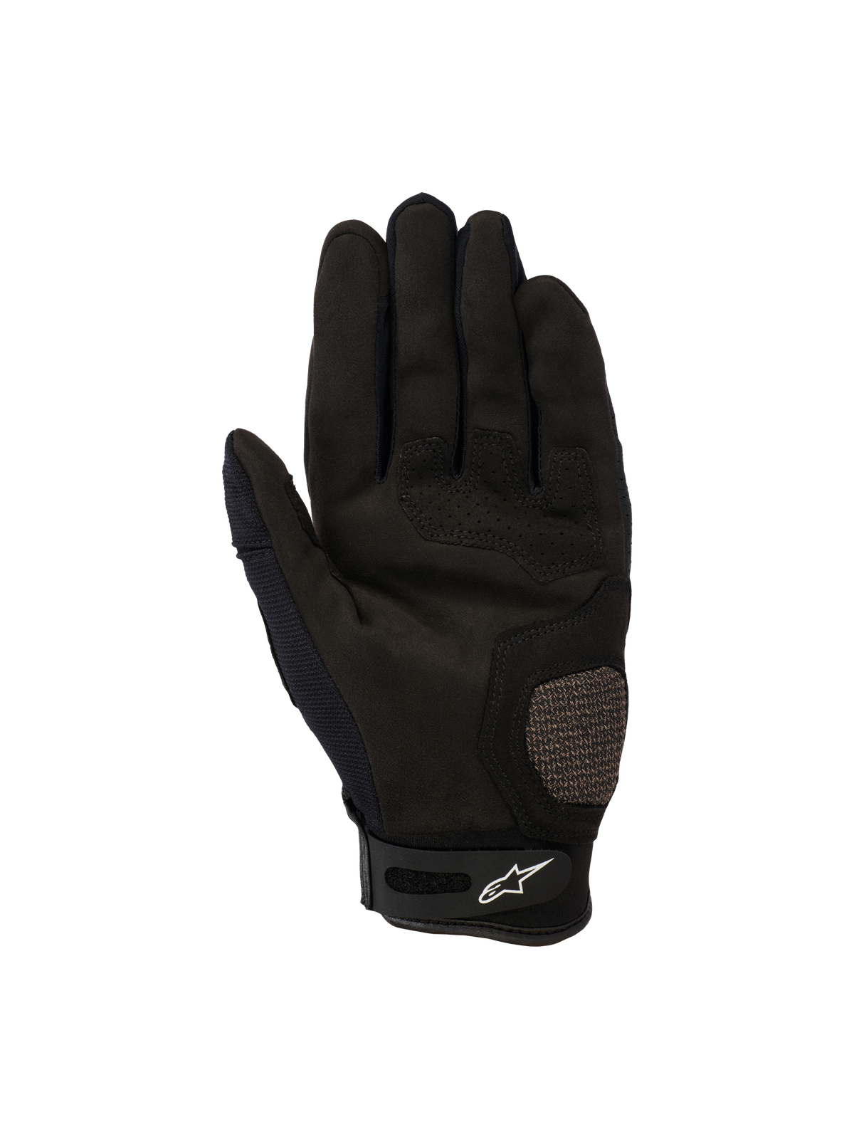 Alpinestars Megawatt V2-handschoenen, motocross- en endurohandschoenen, zwart, handpalmweergave met versterkte zones bij de duim en handpalm, geperforeerde details voor luchtstroom en een klittenbandsluiting aan de pols met het Alpinestars-logo.