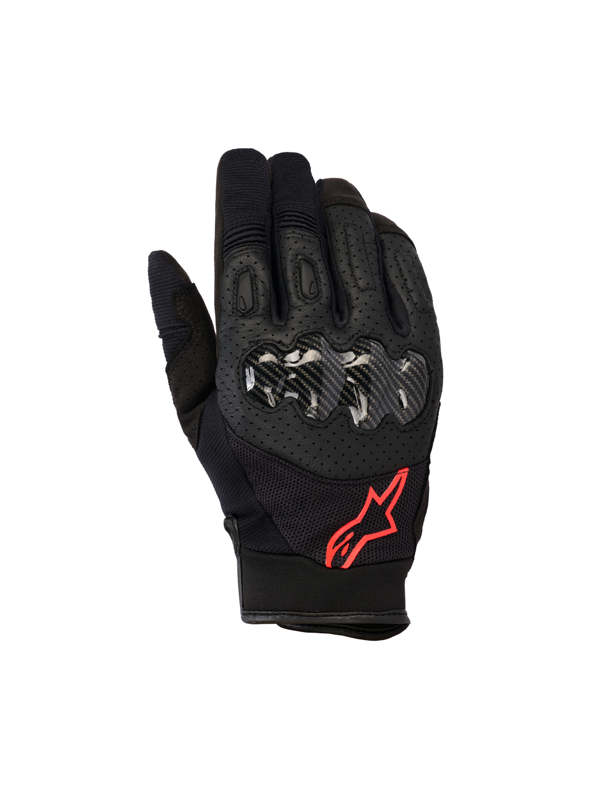 Alpinestars Megawatt V2 handschoenen, motorcrosshandschoenen, zwart en fluorood, voorzien van harde knokkelbescherming met carbon-textuur, geperforeerd leer voor ventilatie en een rood sterlogo, duurzame off-road uitrusting