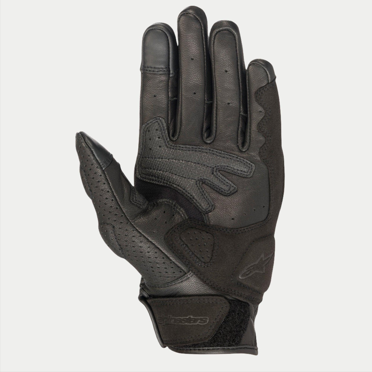 Alpinestars Mustang V2-handschoenen, zwarte leren motorhandschoenen, palmaanzicht met geperforeerd leer, synthetische suède versterkingen en klittenbandsluiting bij de pols, urban weguitrusting